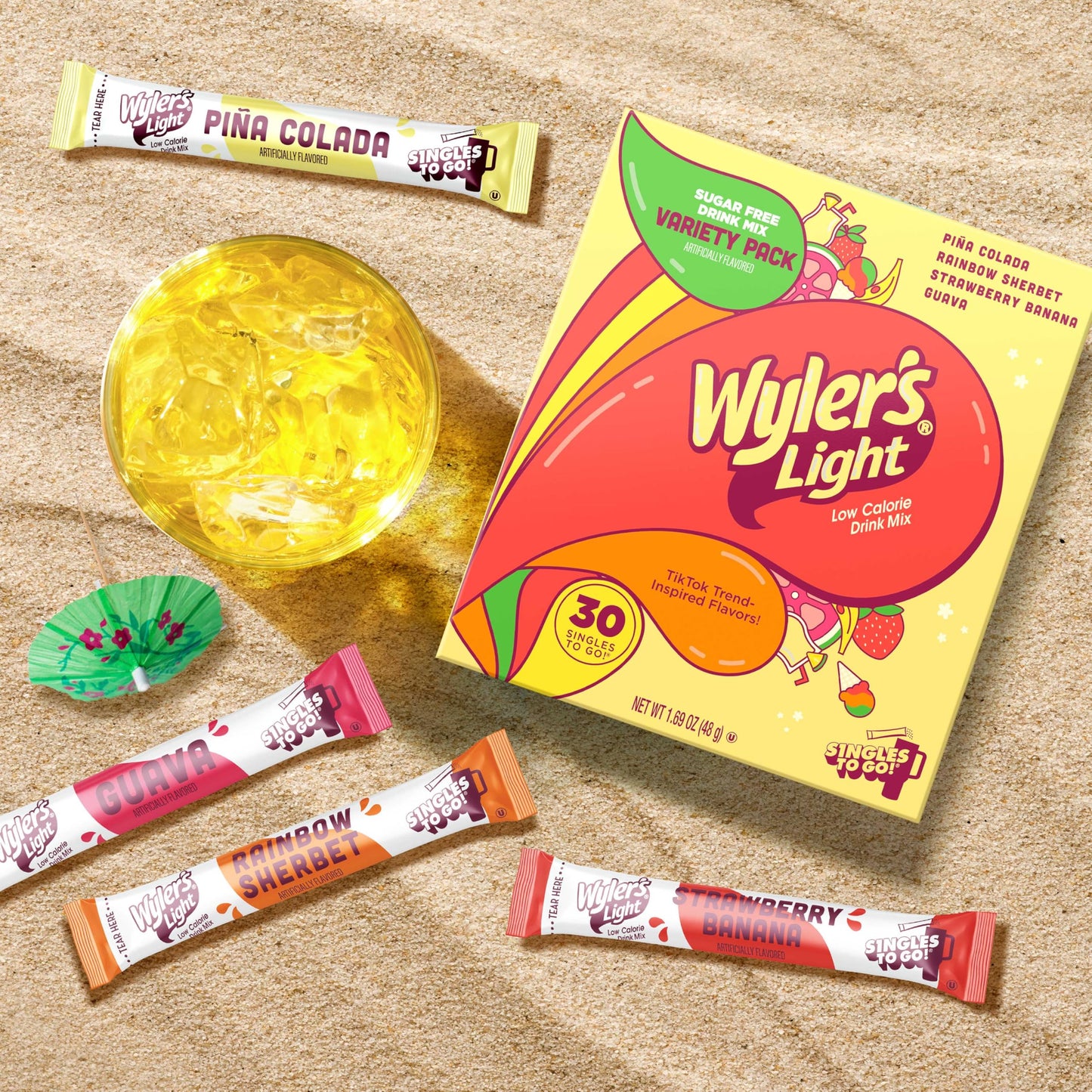 Wylers Light Island Flavors Variety Pack, Singles To Go Sugar Free Drink Mix, Low Calorie Water Enhancer, 30 Sticks, Pia Colada,