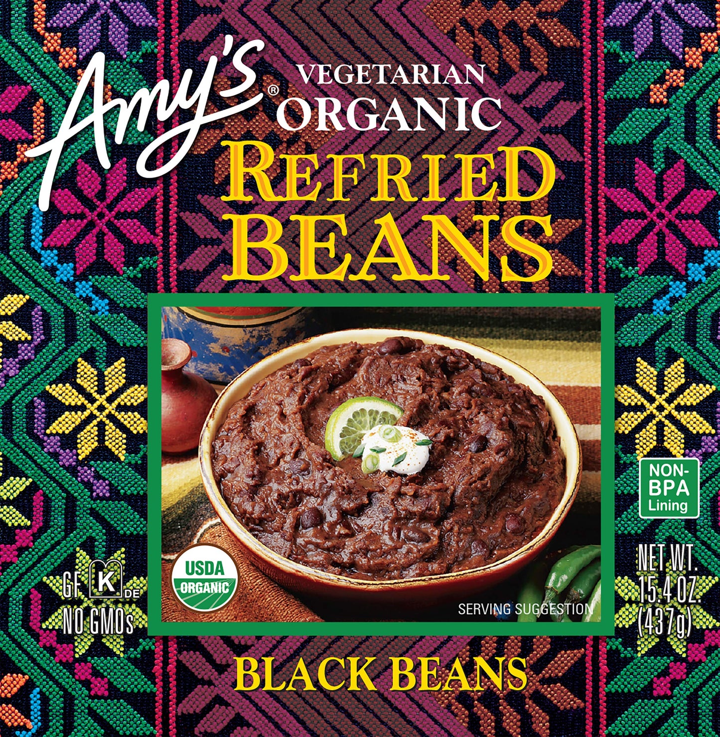 Amys Organic Refried Vegetarian Black Beans, 15.4 oz, Natural, Model 042272005512