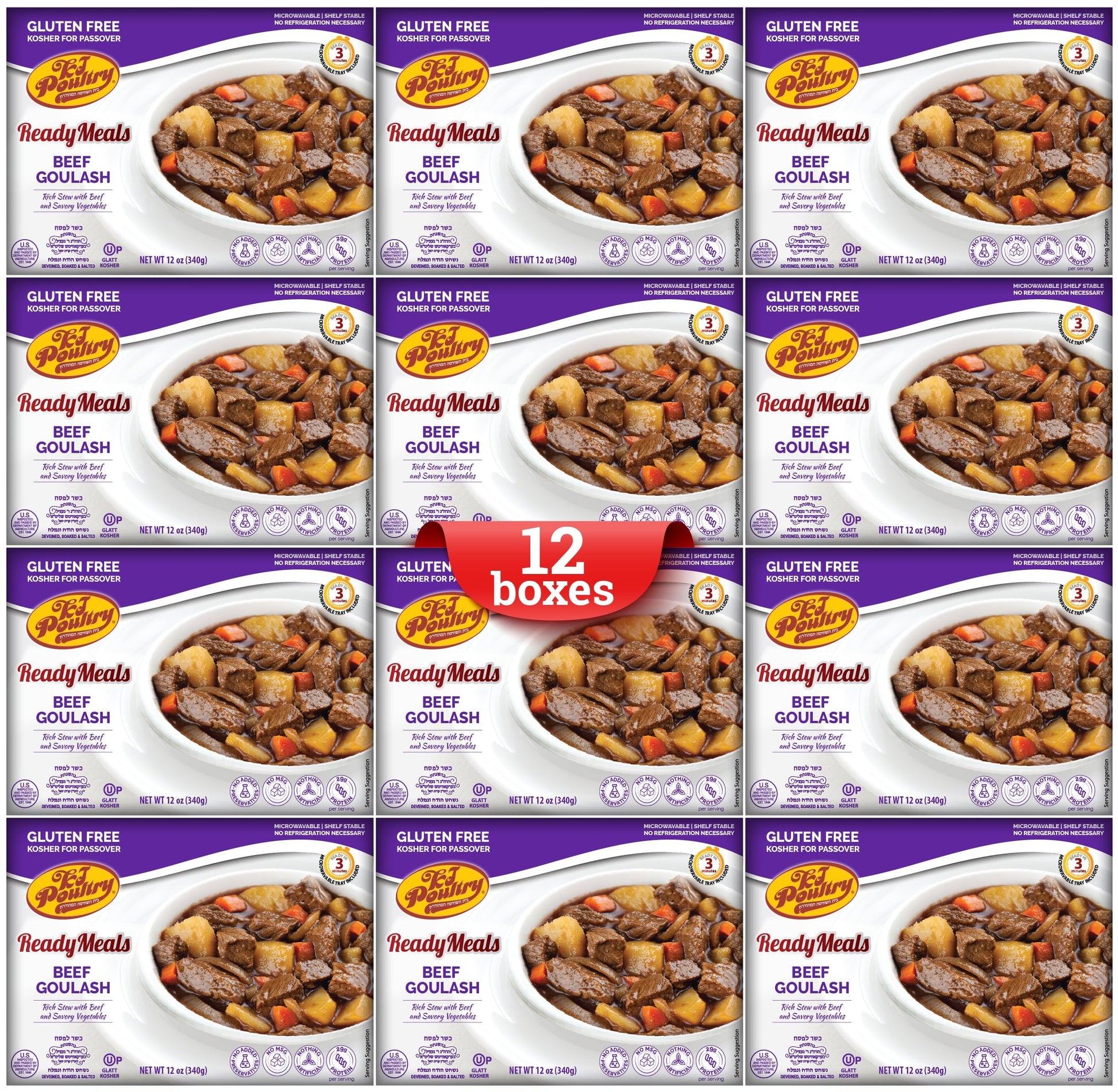 KJ Poultry Kosher for Passover Gluten Free Meals, Beef Goulash Stew with Vegetables (12 Pack) Prepared Entree Fully Cooked, Shel