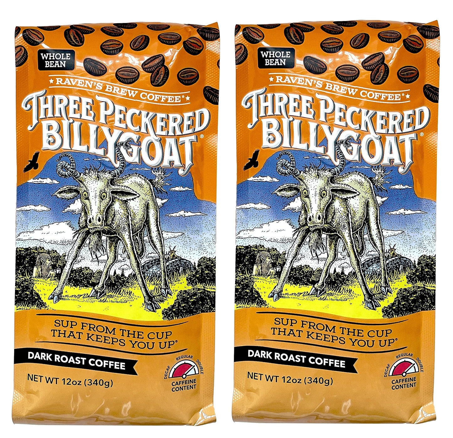 Ravens Brew Coffee Whole Bean Dark Roast 3 Peckered Billy Goat Blend 12 Ounce (Pack of 2)