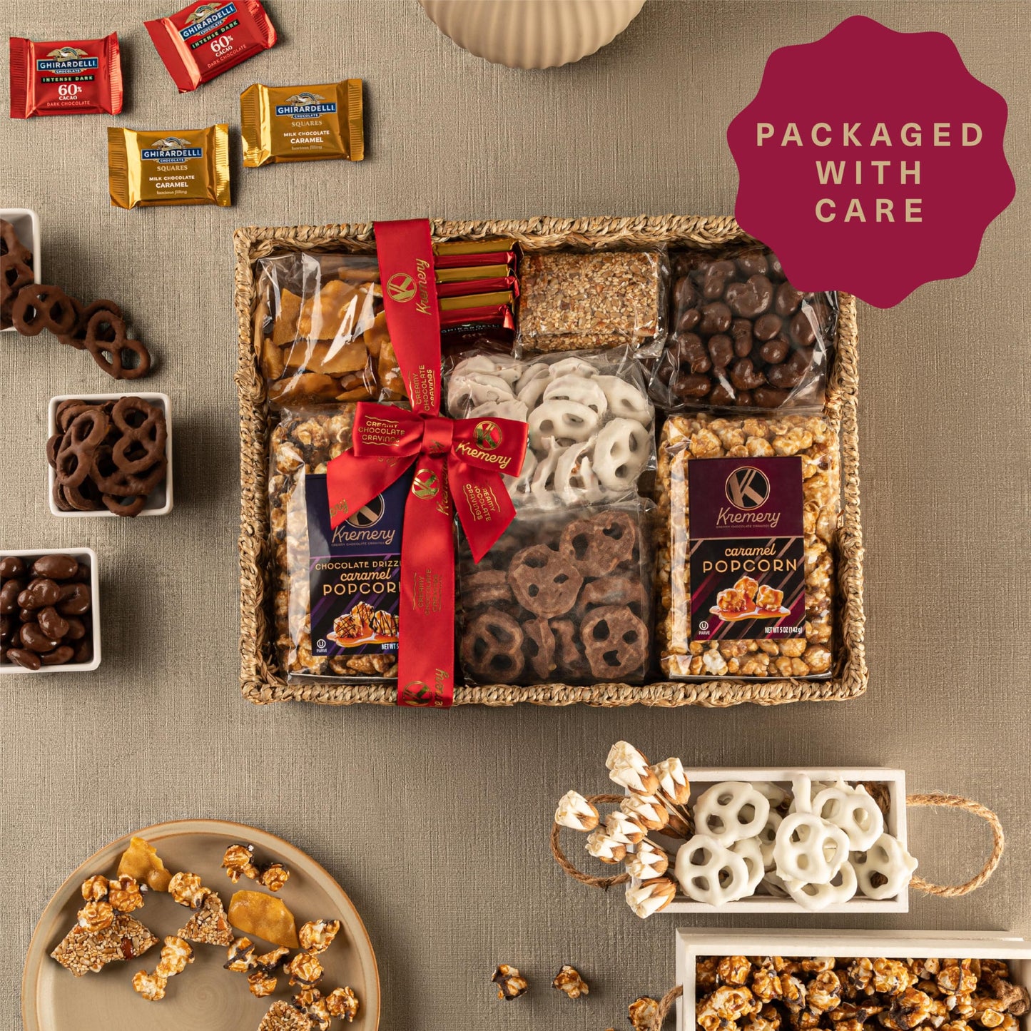 Nut Cravings KREMERY Chocolate Covered Pretzels & Caramel Popcorn Gift Basket, 3.5 lbs, Deluxe Seagrass Tray with Ribbon