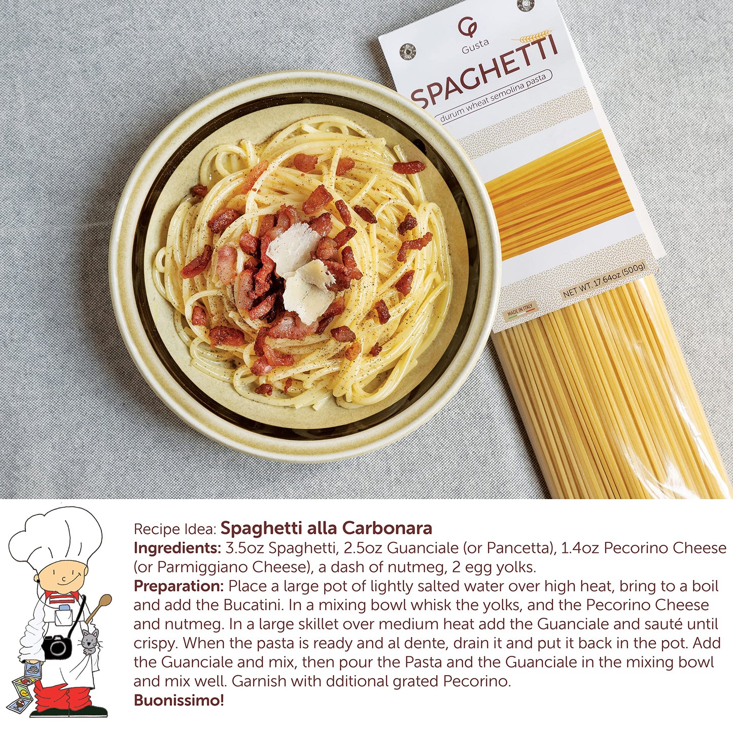 Gusta Spaghetti Noodles Pasta - Enhanced Italian Pasta From Italy - Durum Wheat Semolina Organic Al Dente Pasta - Non-Gmo & Gourmet Pasta - Family Owned Brand - 17.64Oz / 500G (4 Pack)