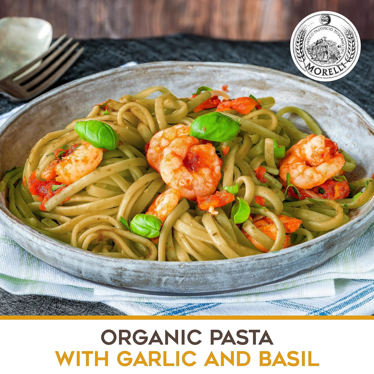 MORELLI Organic Garlic and Basil Linguine Pasta - 8.8oz (Pack of 2) - Italian Basil Green - Handmade Duspirit-inspired flavor Wheat Semolina