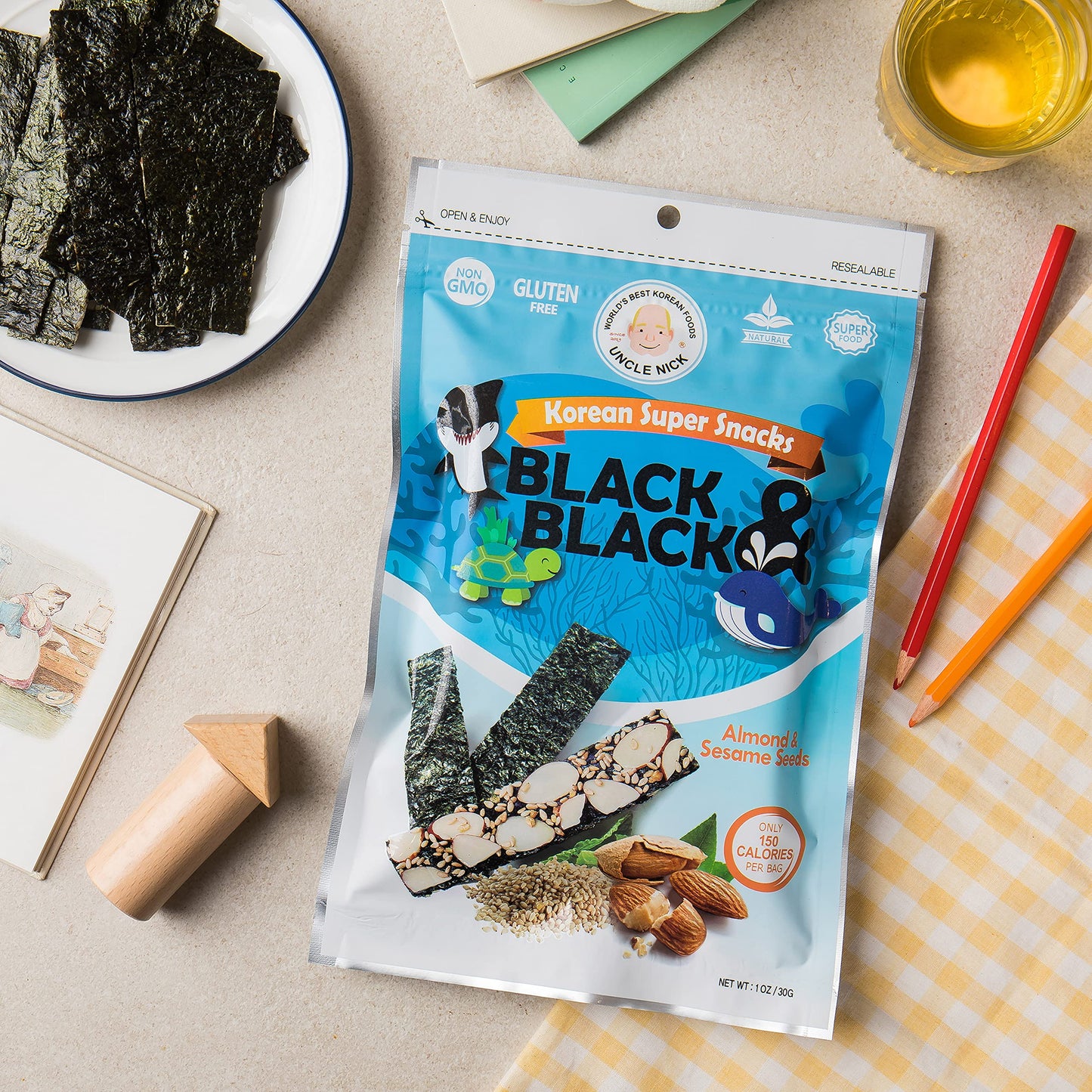 UNCLE NICK Korean Super Snacks - Black & Black Seaweed Snack with Almond and Sesame Seeds 1oz (Pack of 3)