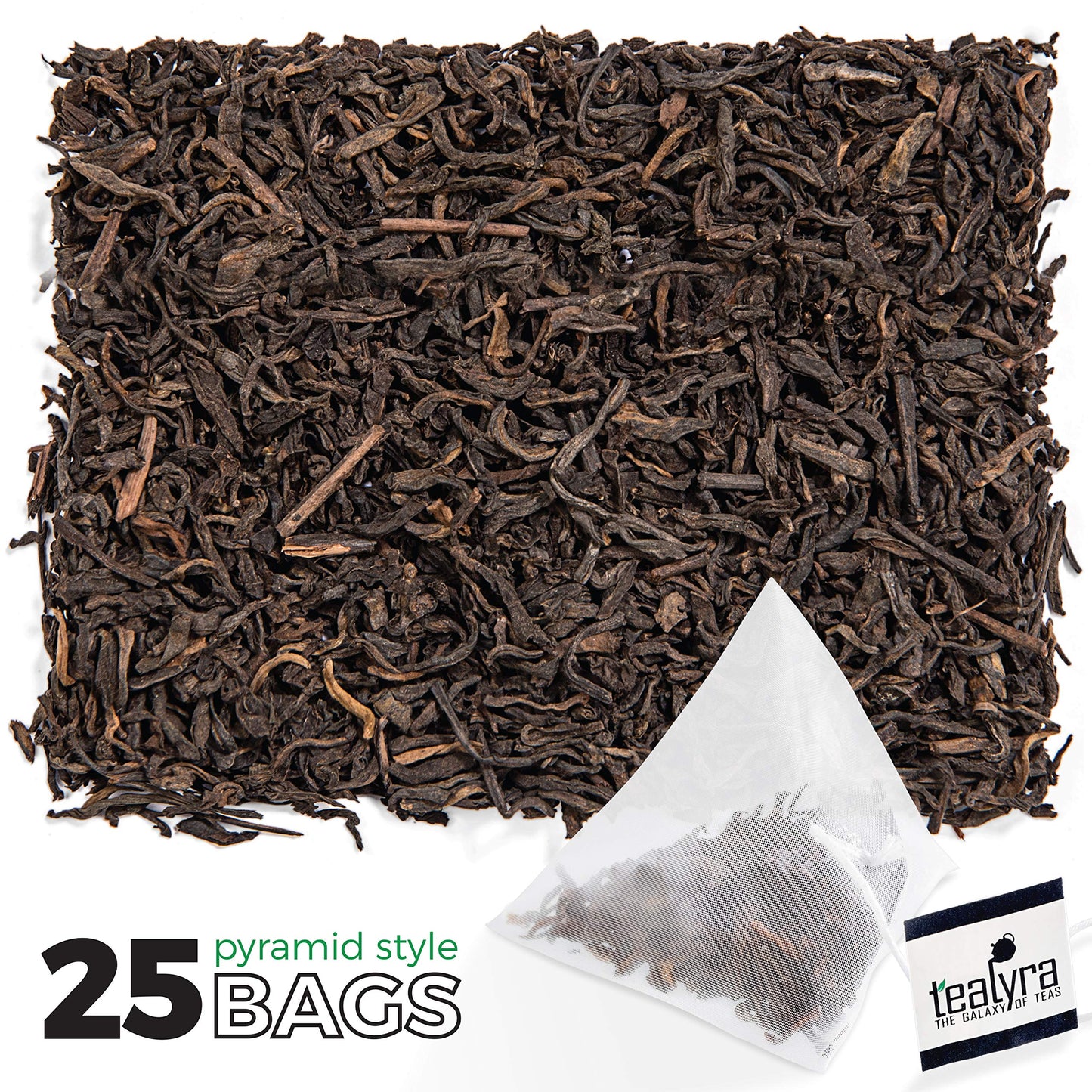 Tealyra Puerh Tea Bags - 100% Natural Bold Loose Leaf - 25 Pyramid Sachets