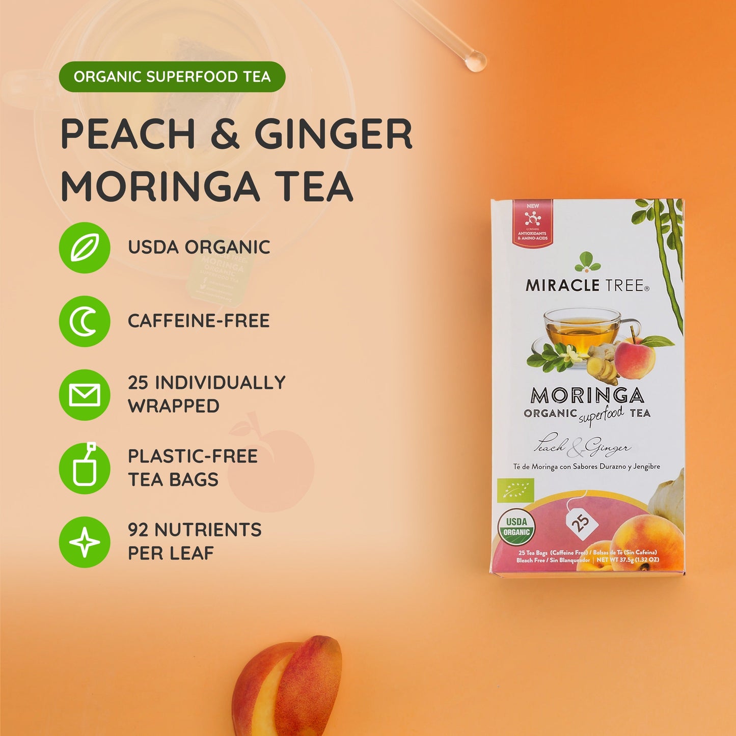 Organic Moringa Tea - Peach & Ginger - Caffeine-Free Herbal Tea