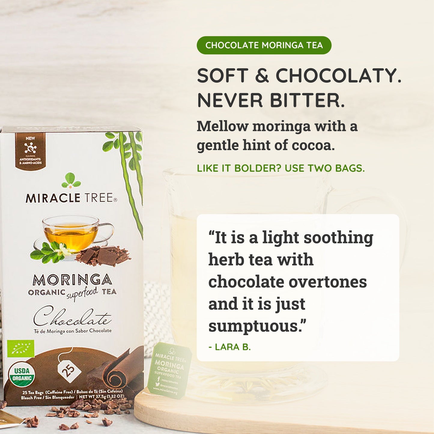 Organic Moringa Tea - Chocolate - Caffeine-Free Herbal Tea