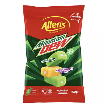 Allen's Mountain Dew Original and Passionfruit Frenzy Chews – Fizzy Filled Candy (Australia)