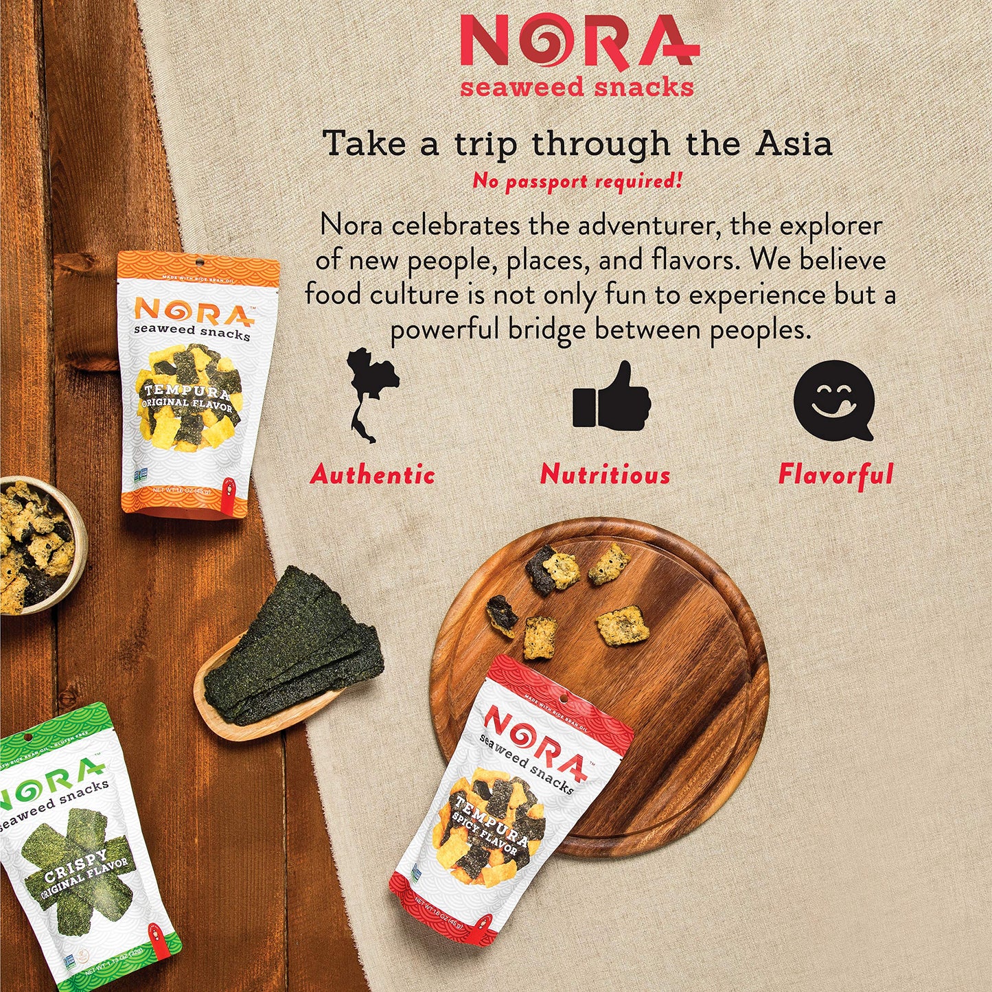 Original Tempura Seaweed Snacks by Nora, Thick Nori Sheets Snack Strips, Low-Carb Healthy Snacks for Adults, Asian Snacks, Vegan