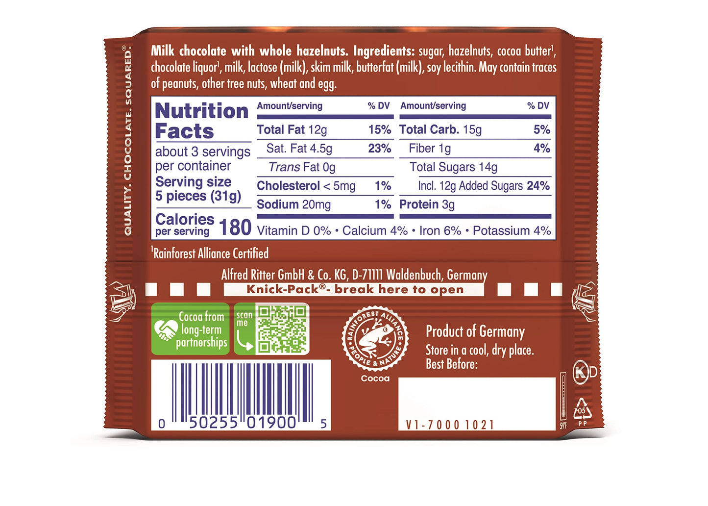 Ritter Sport Chocolate Bars With Nuts (Milk Chocolate With Hazelnuts, 3.5 Ounce (Pack Of 10)