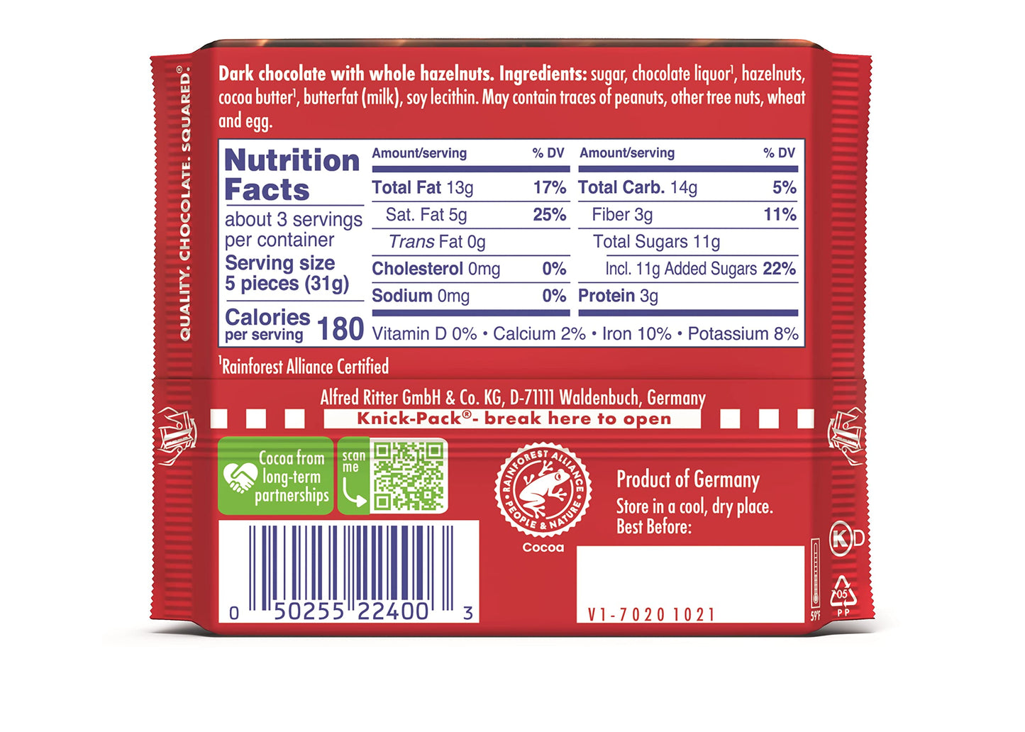 Ritter Sport Chocolate Bars With Nuts (Dark Chocolate With Hazelnuts, 3.5 Ounce (Pack Of 10))