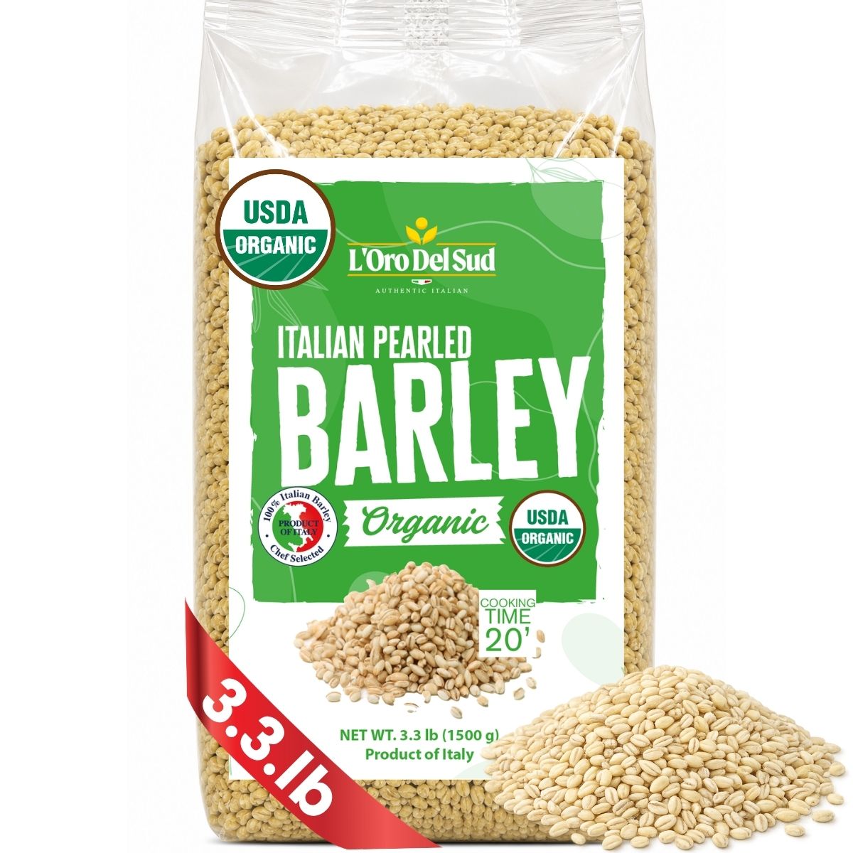 L'Oro Del Sud, Organic Pearled Barley, (1.5 kg) 3.3 lb