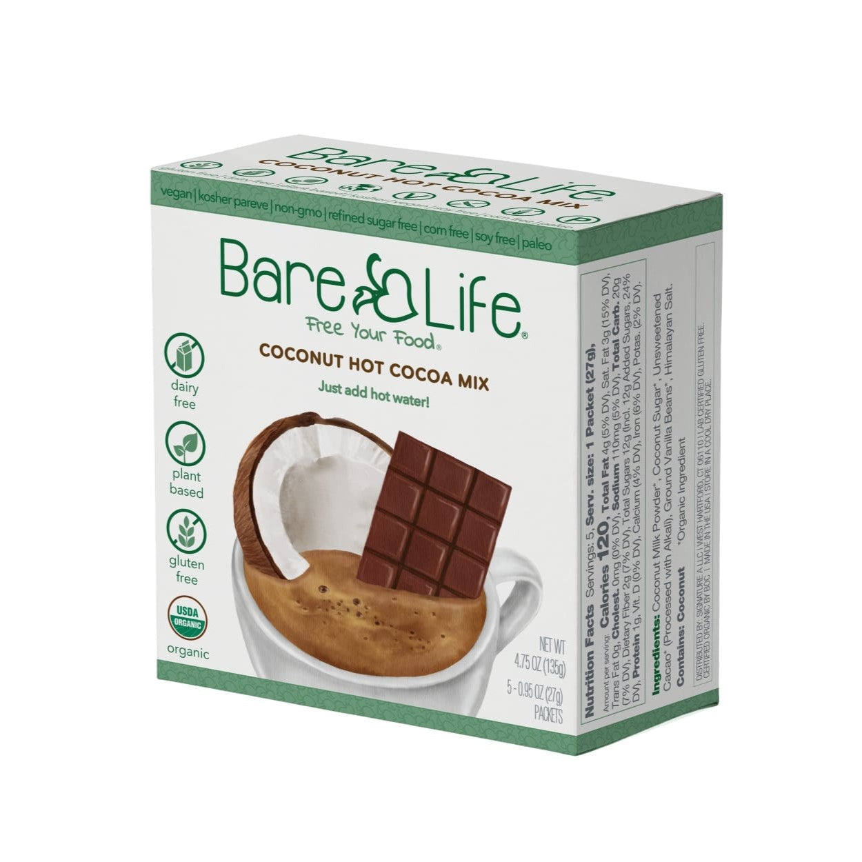 Instant Dairy Free Coconut Hot Cocoa Mix  | Single Serving 5 Pack |Gluten Free, Vegan and Organic