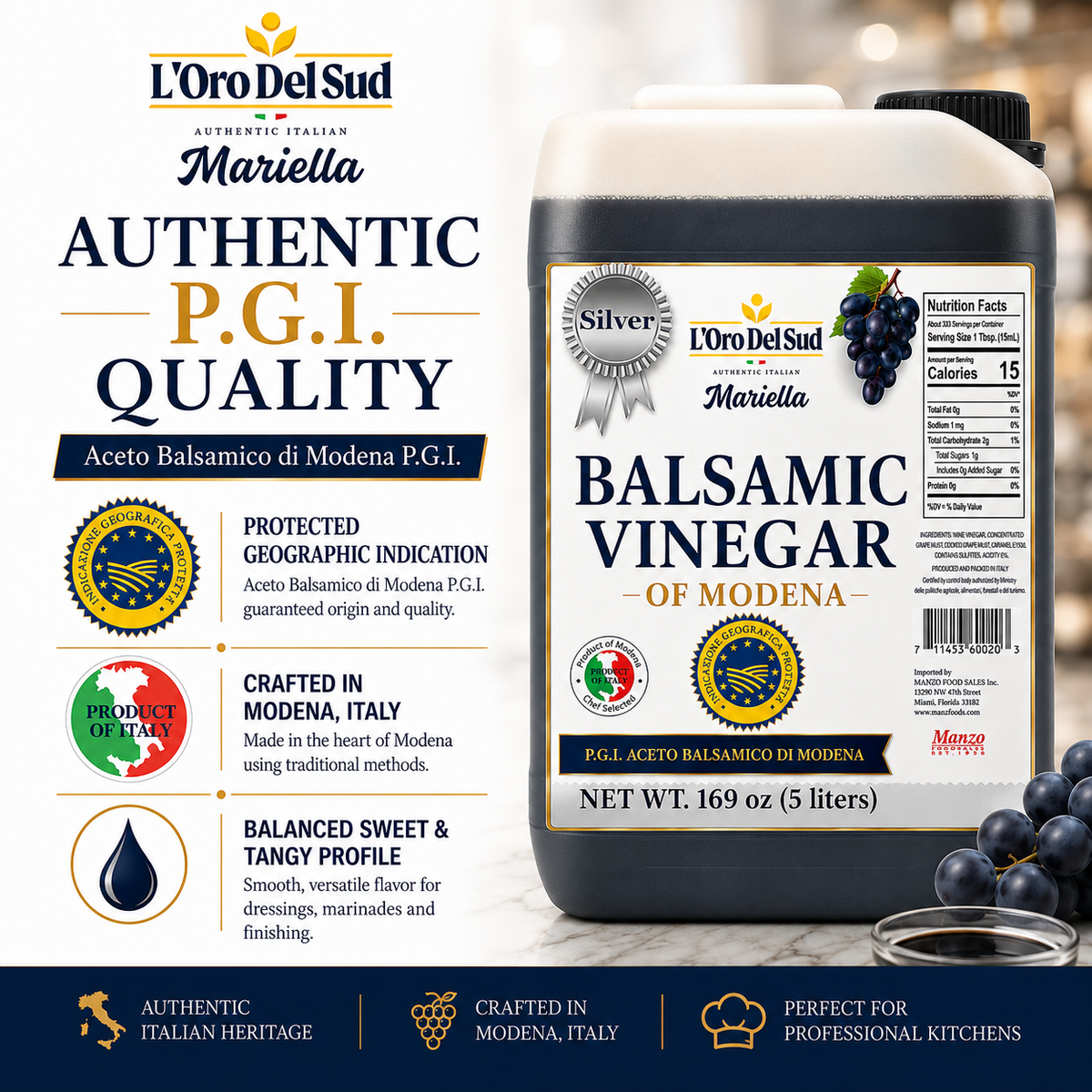 L'Oro Del Sud, Aged Balsamic Vinegar of Modena, IGP Certified, 5 Liters (169 fl oz)