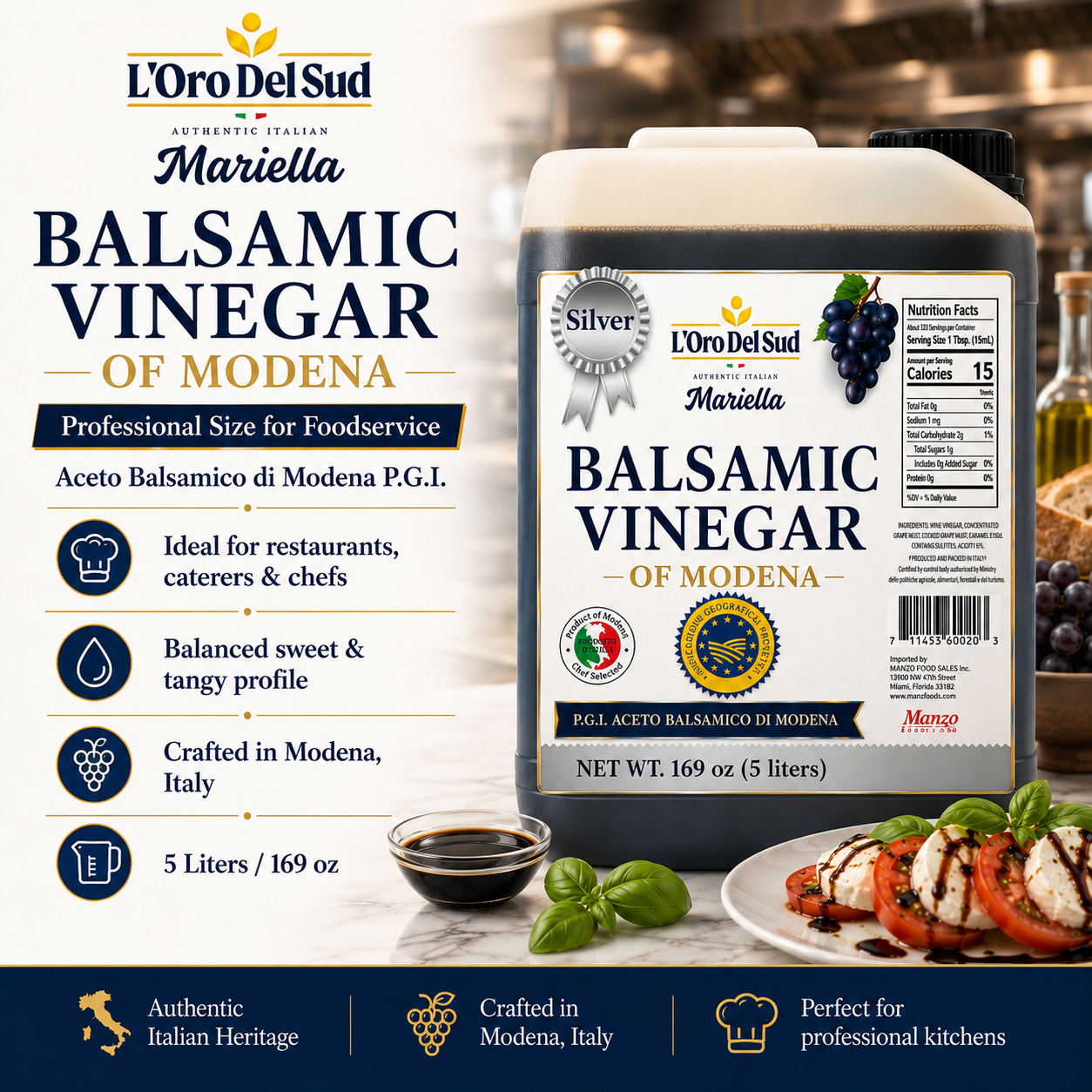 L'Oro Del Sud, Aged Balsamic Vinegar of Modena, IGP Certified, 5 Liters (169 fl oz)
