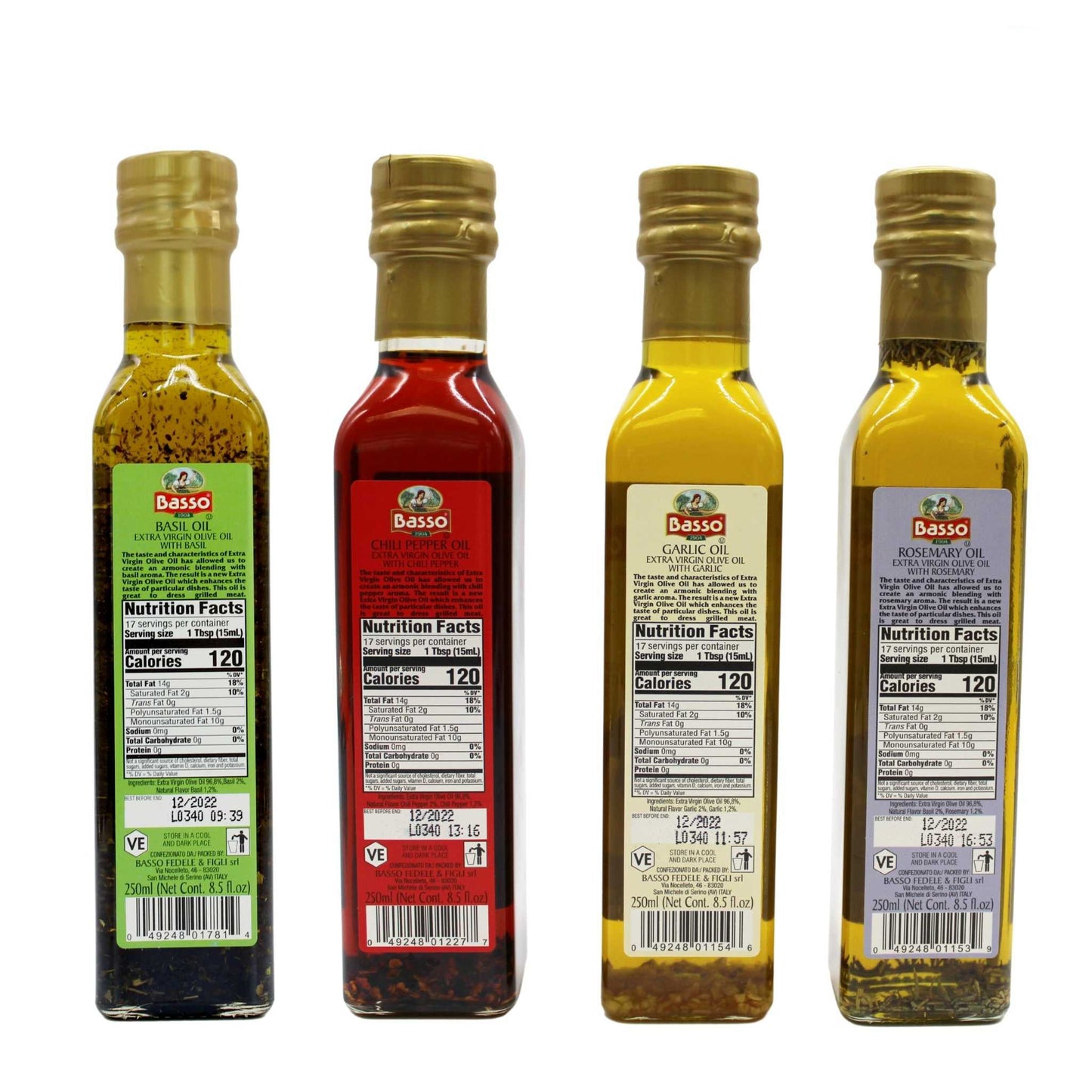 Basso 1904 Infused Extra Virgin Olive Oil Gift Set – Garlic, Chili Pepper, Rosemary, Basil – 4 x 8.5 fl oz (250 ml)