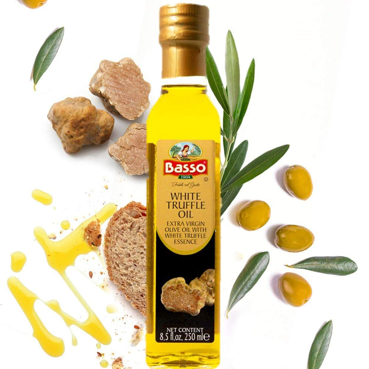 Basso 1904 White Truffle Infused Extra Virgin Olive Oil – Gourmet Finishing Oil – 250 ml (8.5 fl oz)