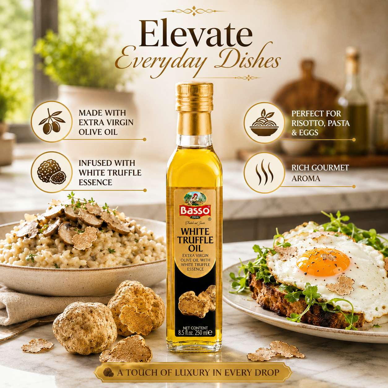 Basso 1904 White Truffle Infused Extra Virgin Olive Oil – Gourmet Finishing Oil – 250 ml (8.5 fl oz)