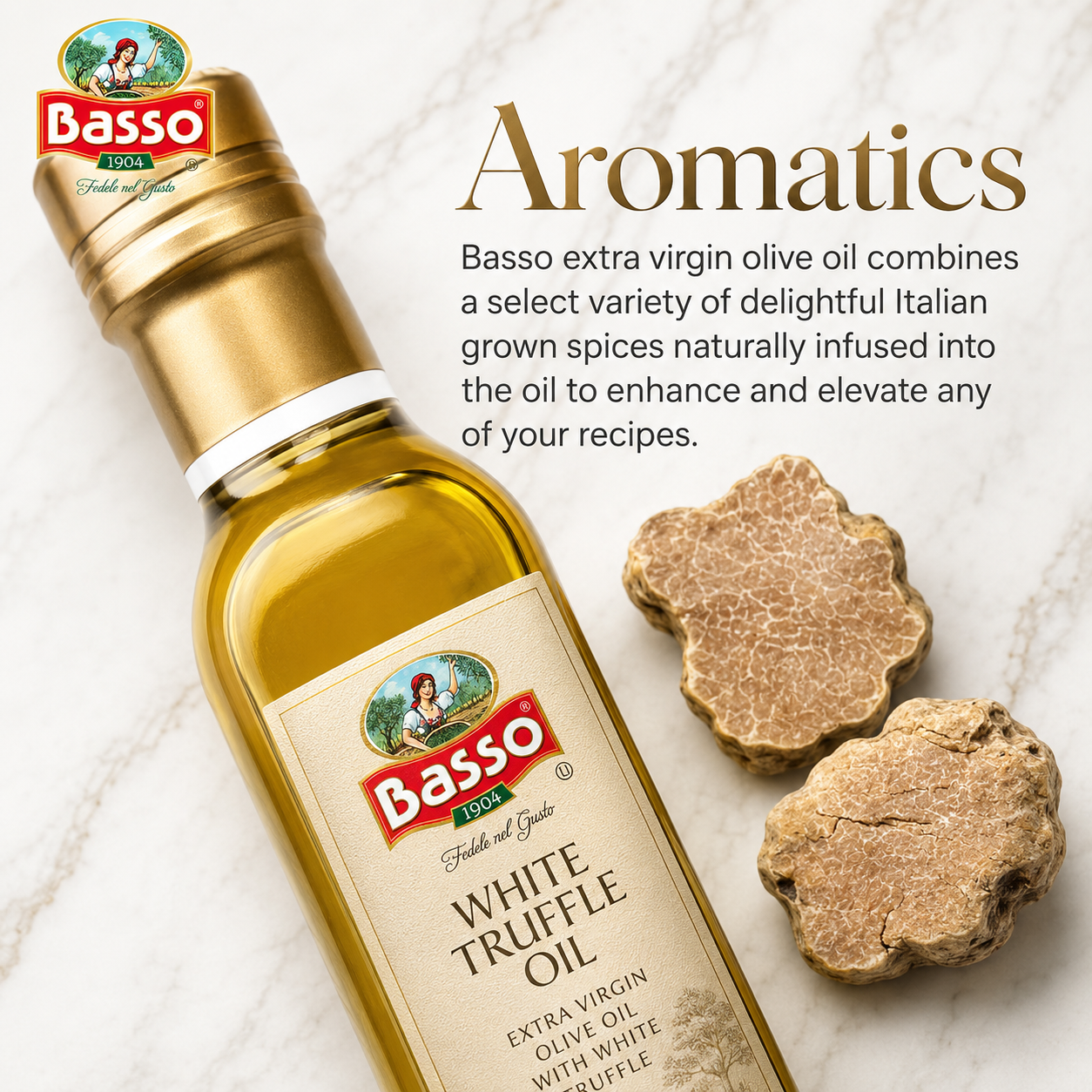 Basso 1904 White Truffle Infused Extra Virgin Olive Oil – Gourmet Finishing Oil – 250 ml (8.5 fl oz)