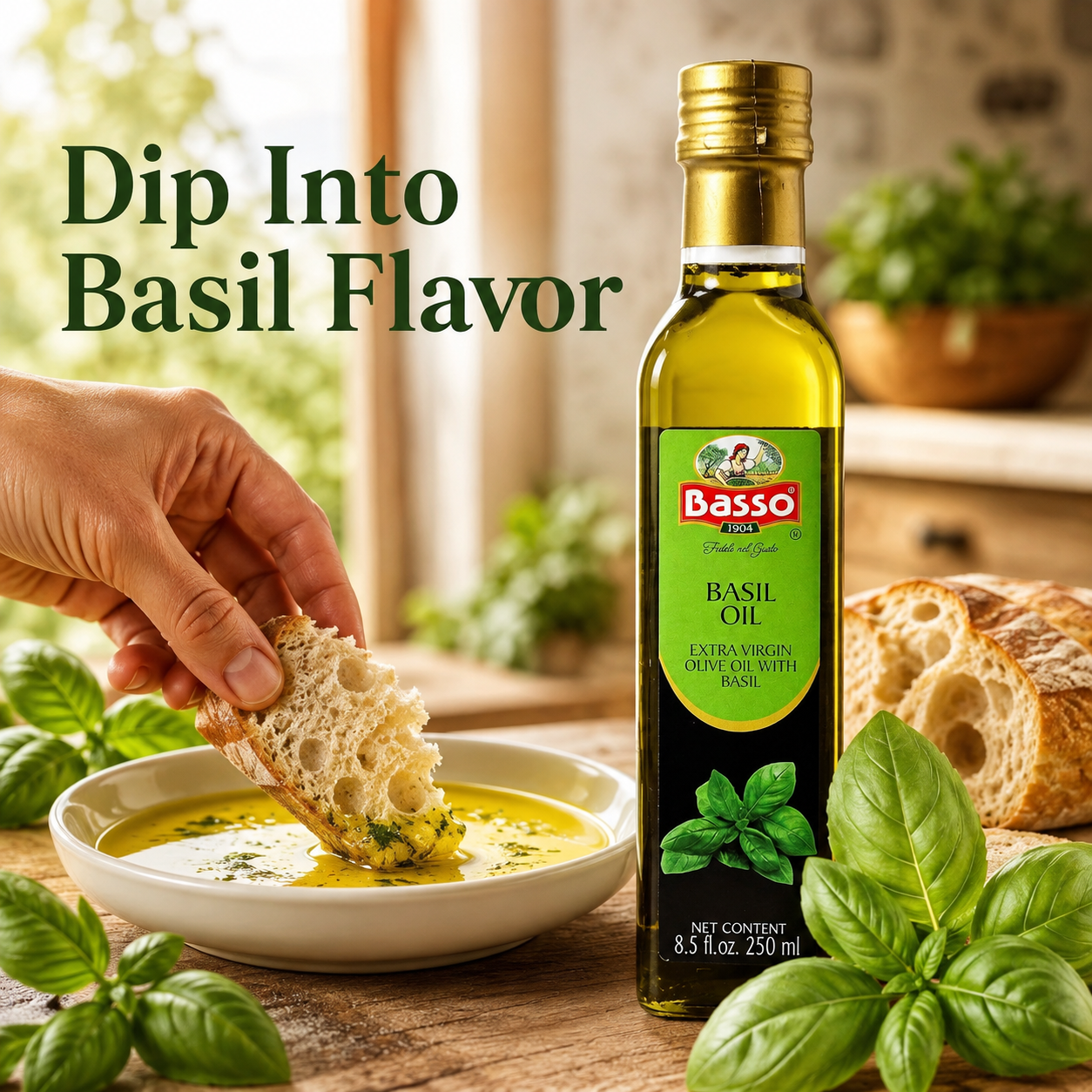 Basso 1904 Basil Infused Extra Virgin Olive Oil – Italian Finishing Oil – 8.5 fl oz (250 ml)