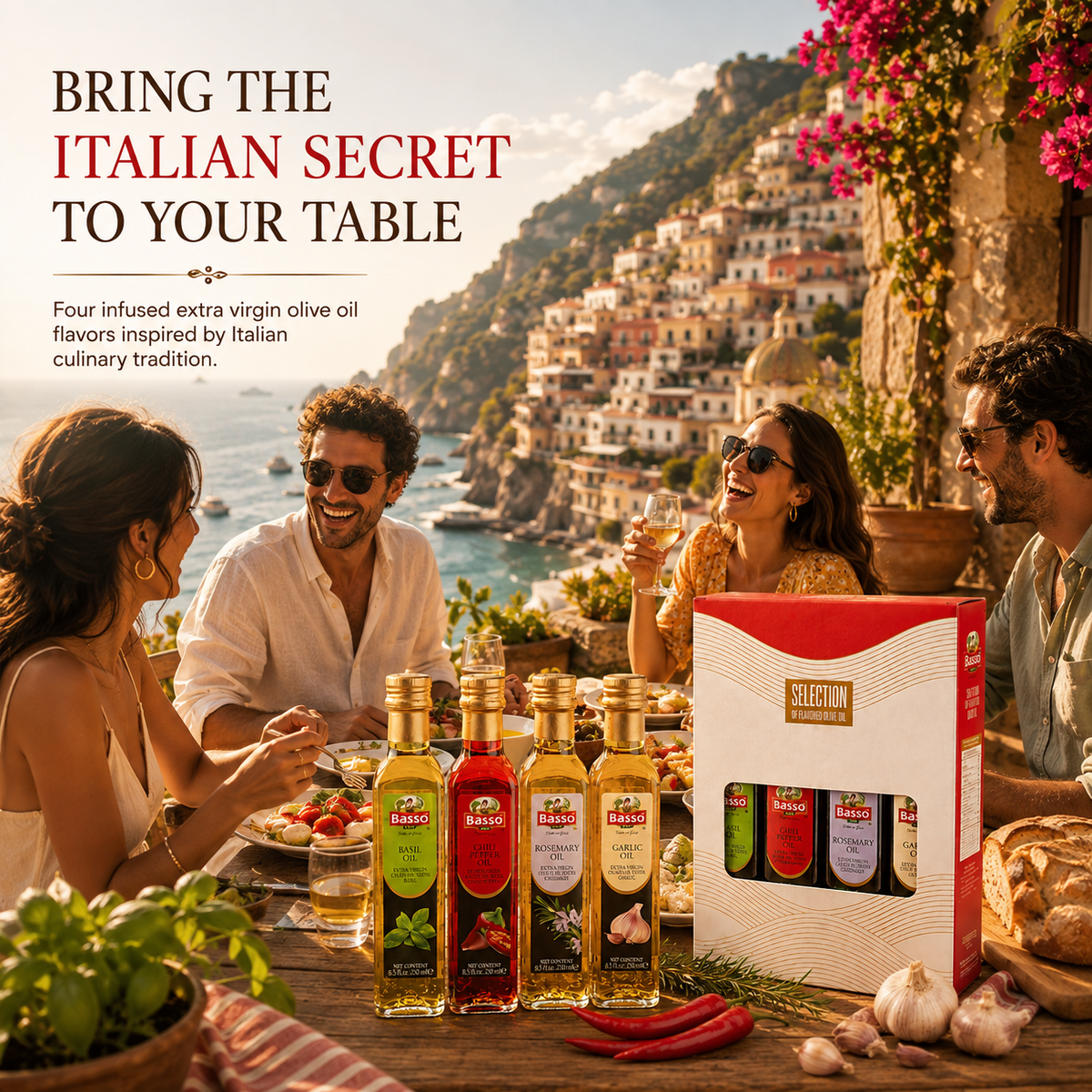 Basso 1904 Infused Extra Virgin Olive Oil Gift Set – Garlic, Chili, Rosemary & Basil – 4 x 8.5 fl oz (250 ml)