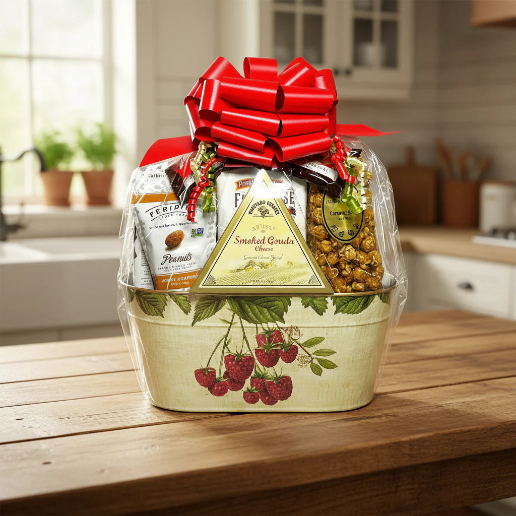 Large Berry Gift Tin Basket - Gourmet Food Gift for Sympathy & Corporate Occasions