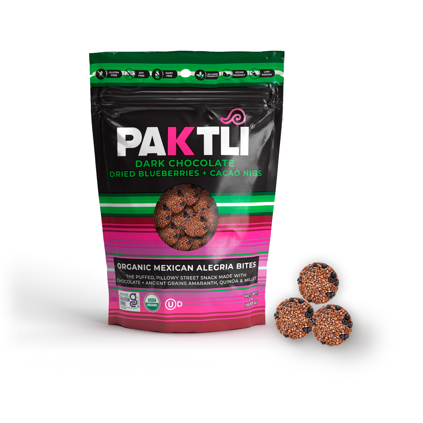 NEW Dark Chocolate Alegria Bites w/ Blueberries + Cacao Nibs