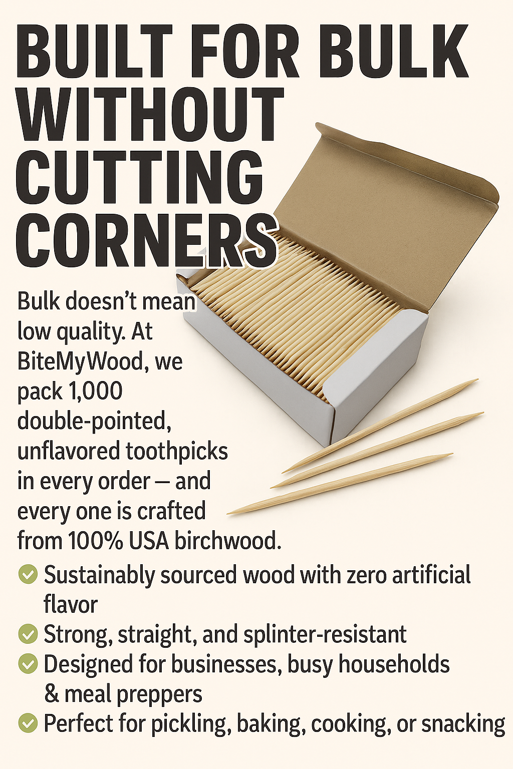 1000 Qty Double Point Birchwood Toothpicks In Cardboard Reusable Box BiteMyWood Brand