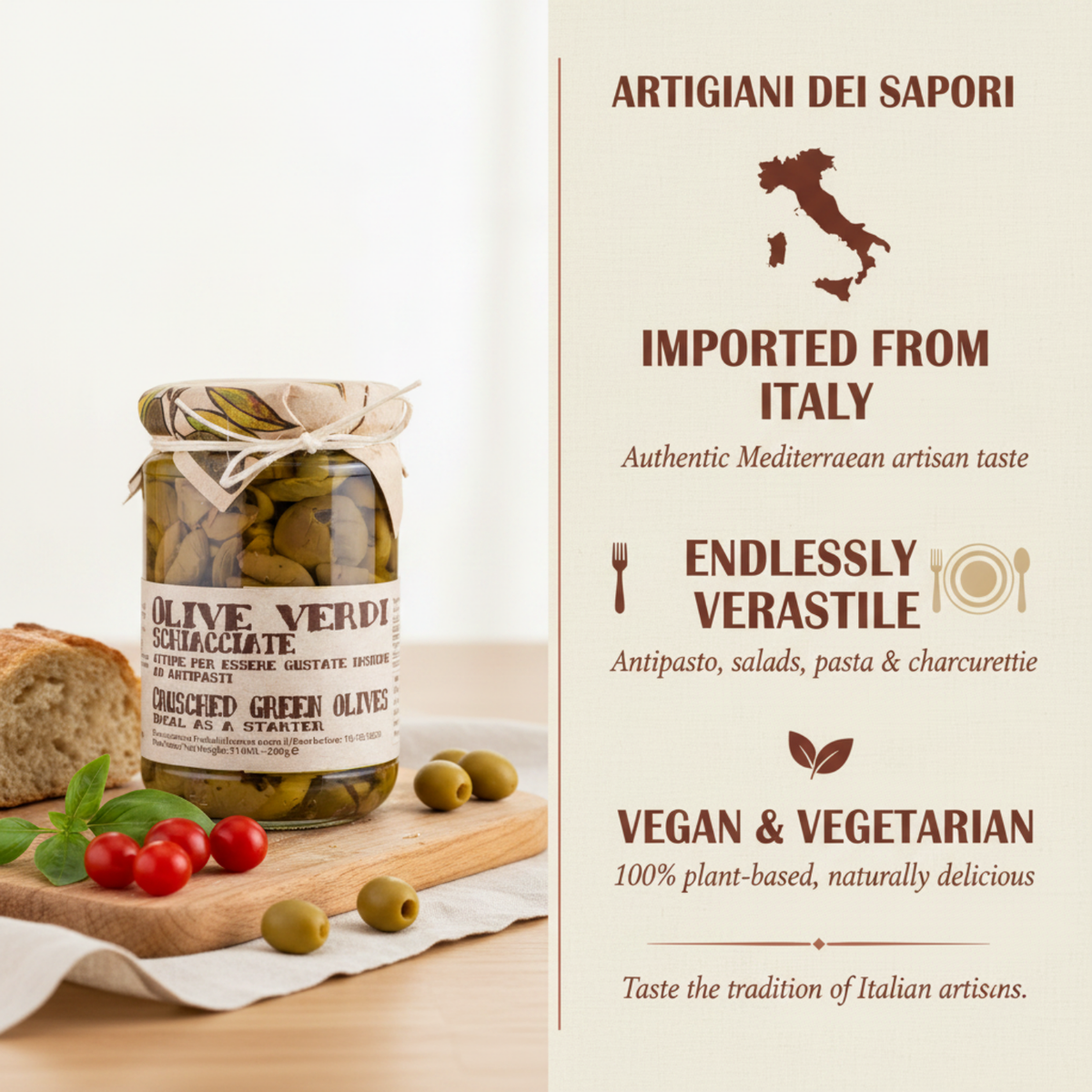 Artigiani dei Sapori, Italian Cracked Green Olives, 9.8oz (277g)