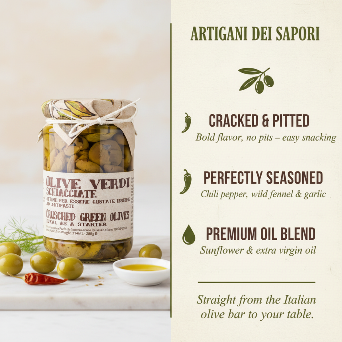 Artigiani dei Sapori, Italian Cracked Green Olives, 9.8oz (277g)