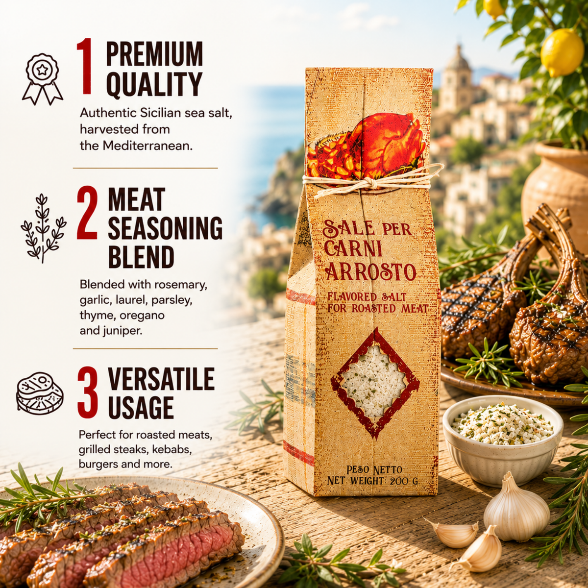 Artigiani dei Sapori, Sicilian Sea Salt Mix for Roasted and Grilled Meat, 7oz (198g)