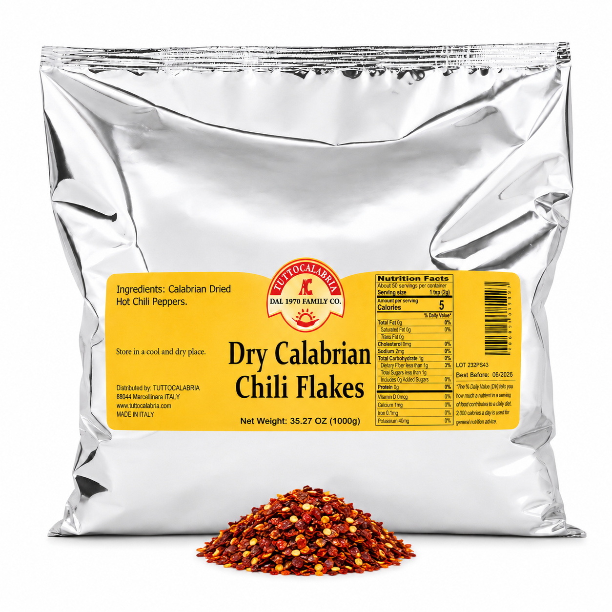 TuttoCalabria Dry Crushed Calabrian Chili Flakes, 35.27 oz (1000 g)
