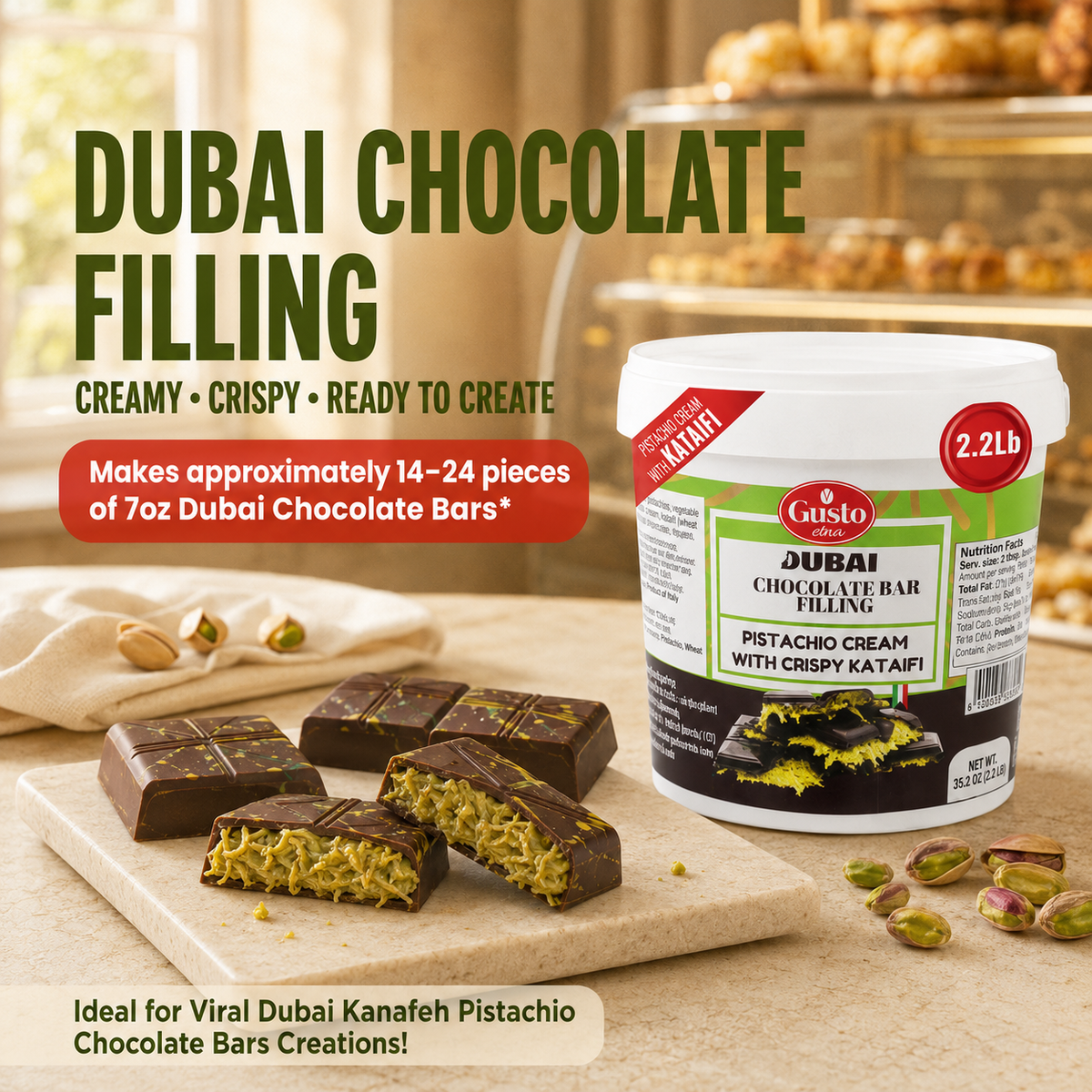 Gusto Etna Dubai Chocolate Pistachio Filling – 30% Pistachio, 2.2 lb