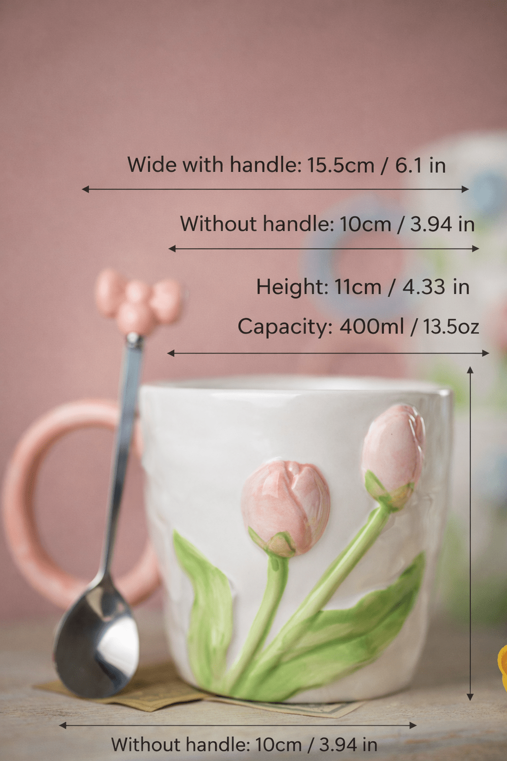 3D Tulip Ceramic Mug with Spoon Gift Set | Hand-Carved Floral Coffee Cup