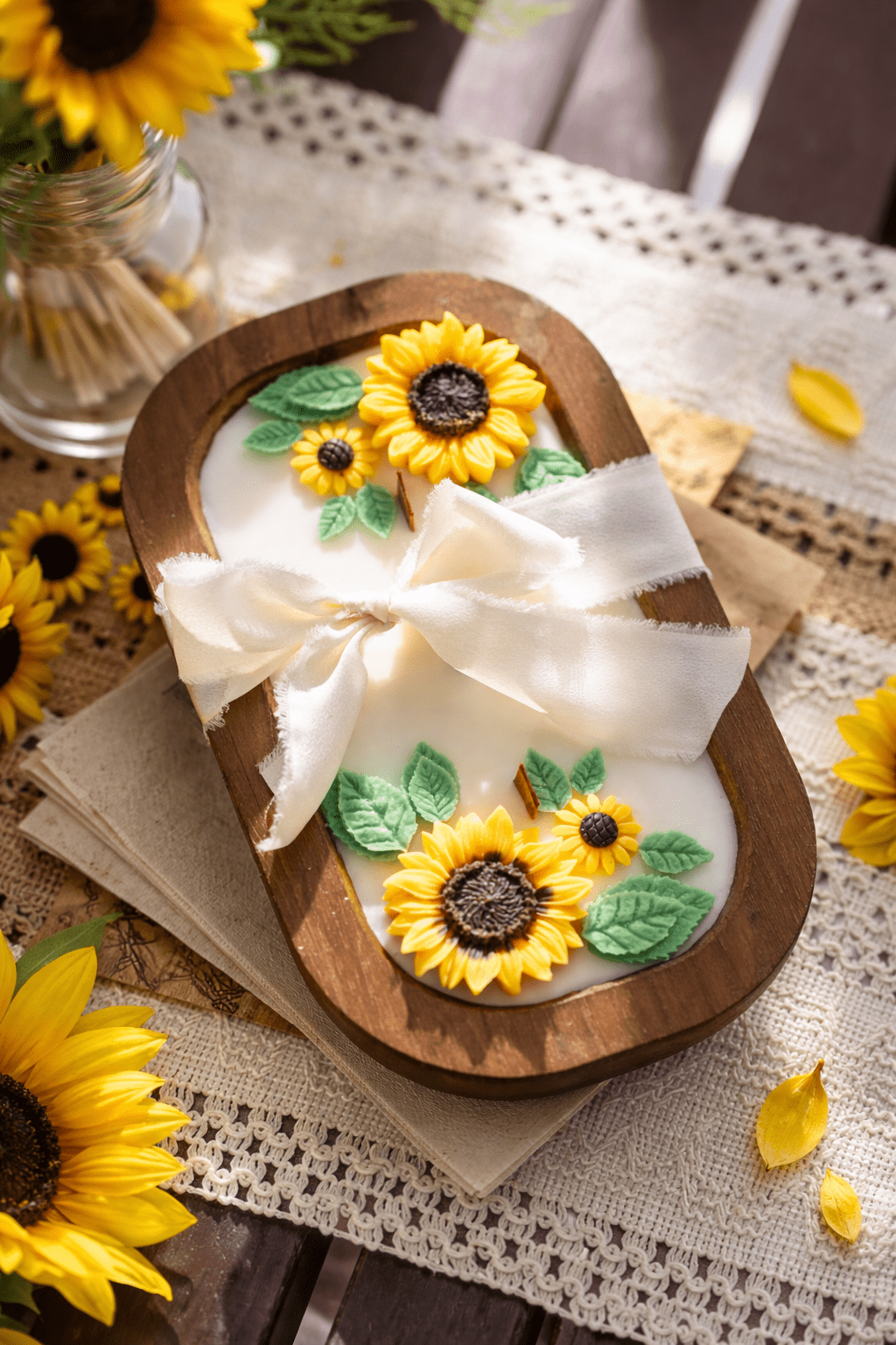 Wooden Sunflower Candle – Handcrafted Floral Soy Wax Candle – Rustic Home Decor Gift