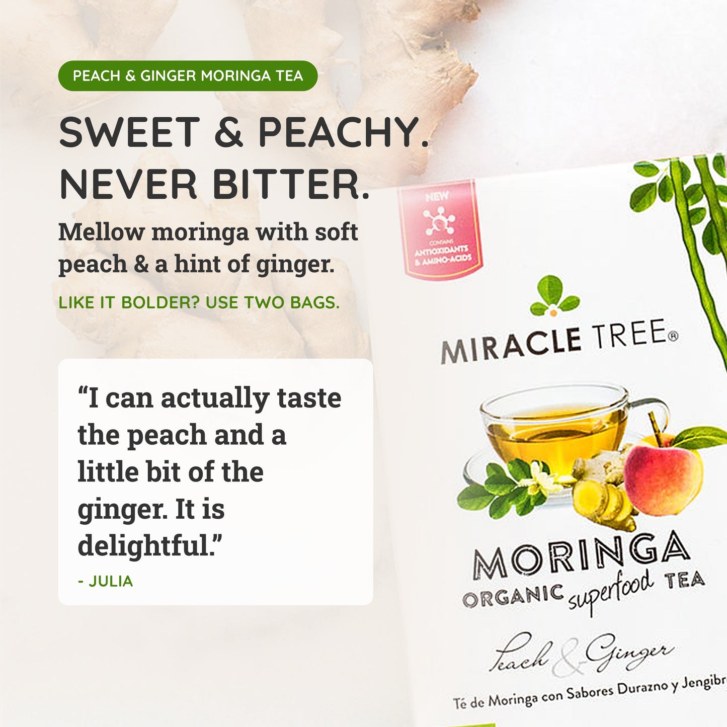 Organic Moringa Tea - Peach & Ginger - Caffeine-Free Herbal Tea