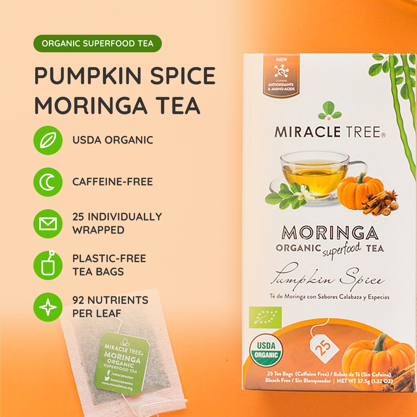 Organic Moringa Tea - Pumpkin Spice - Caffeine-Free Herbal Tea
