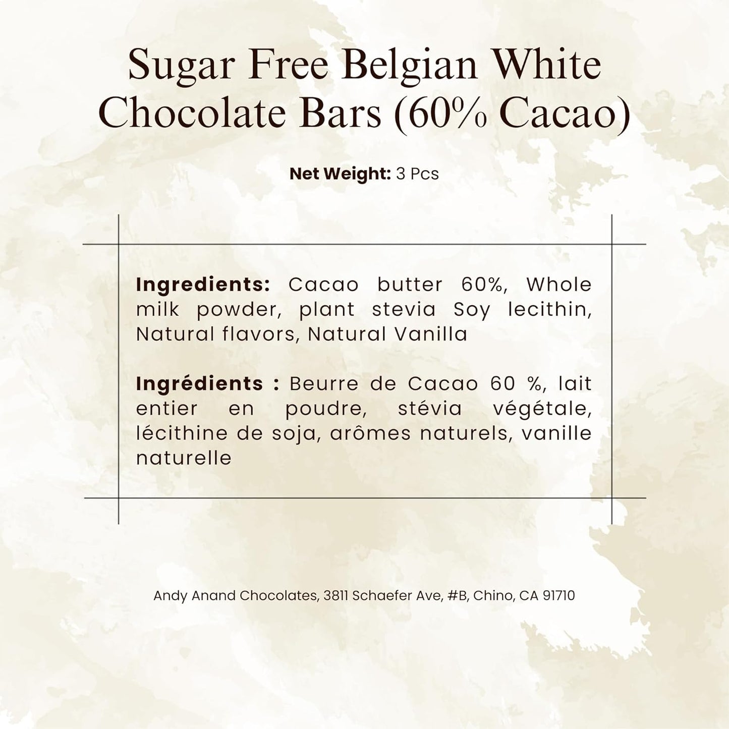 Andy Anand Sugar Free Belgian Dark Chocolate Bars 60% Cacao – Stevia Sweetened, Gourmet Gift Box, Rich & Silky, 3 Pcs
