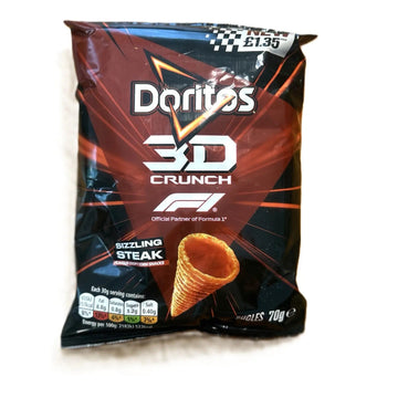 Doritos 3D Crunch Sizzling Steak Corn Snacks – Formula 1 Limited Edition Chips (United Kingdom) Best By 27-June-2026