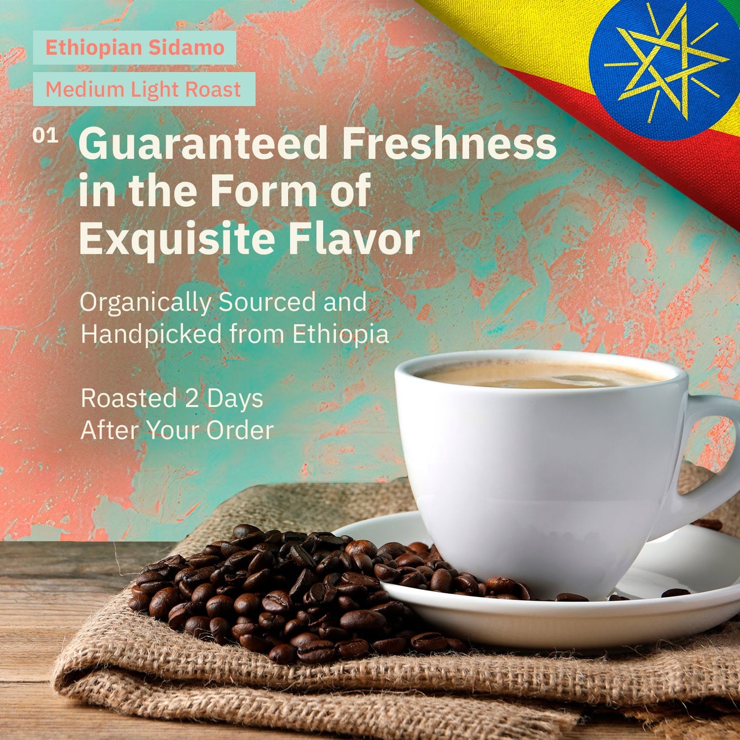 Kochere Coffee Ethiopian Sidamo Natural Medium-Light Roast - Milk Chocolate, Fruity Notes
