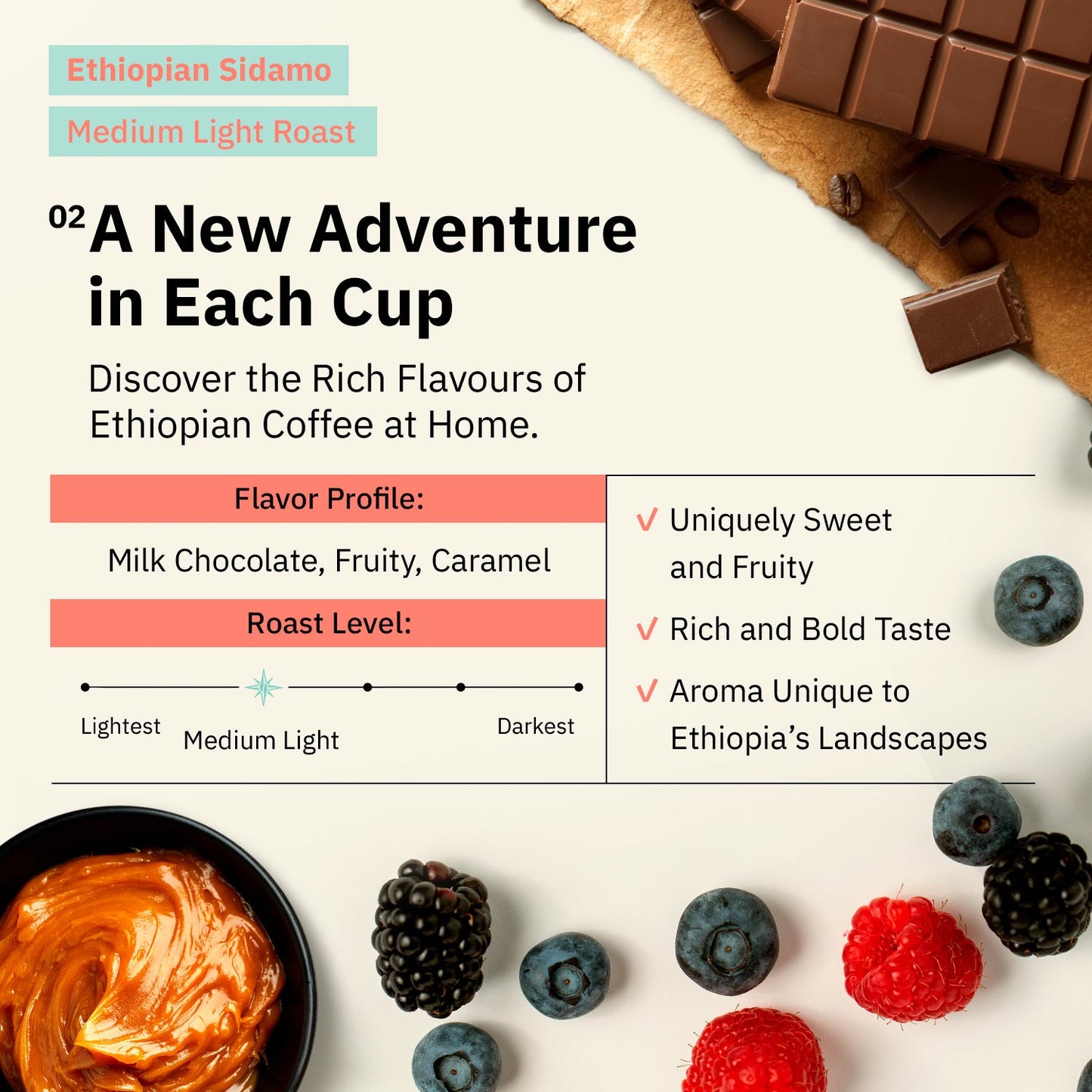 Kochere Coffee Ethiopian Sidamo Natural Medium-Light Roast - Milk Chocolate, Fruity Notes