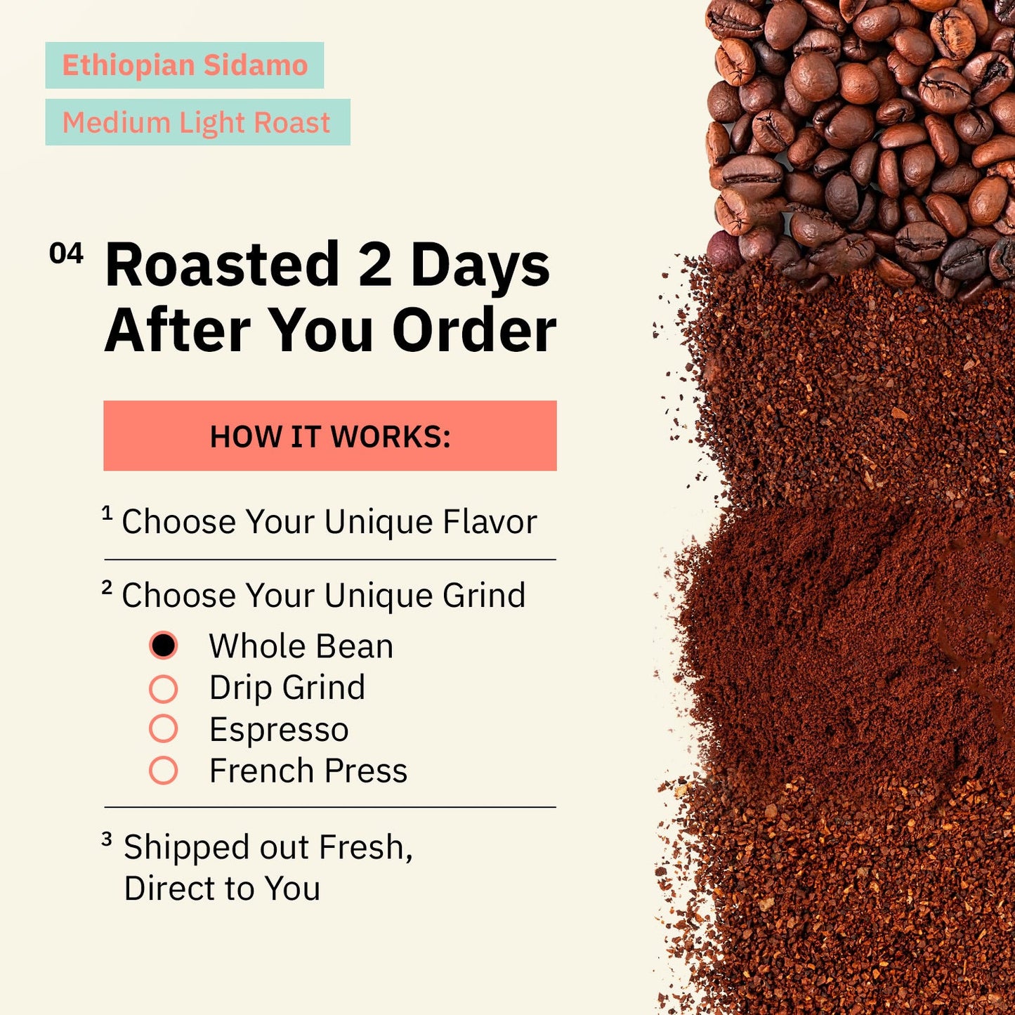 Kochere Coffee Ethiopian Sidamo Natural Medium-Light Roast - Milk Chocolate, Fruity Notes