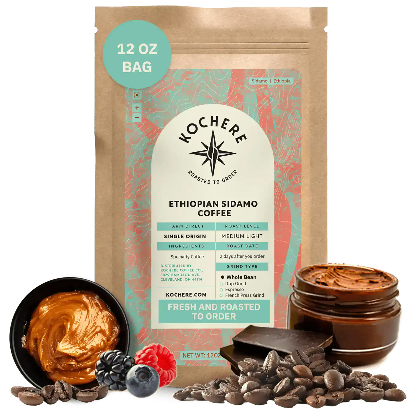 Kochere Coffee Ethiopian Sidamo Natural Medium-Light Roast - Milk Chocolate, Fruity Notes