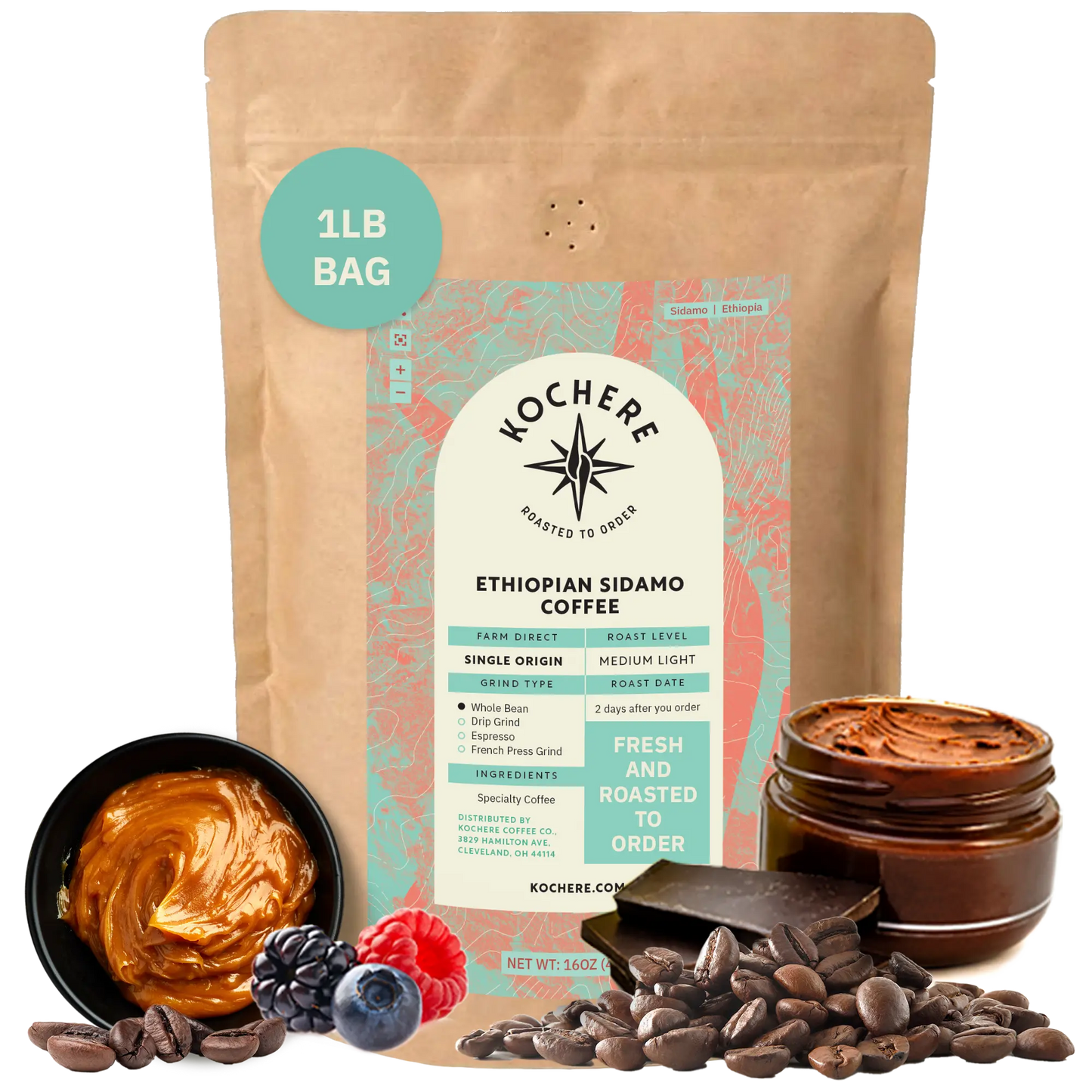 Kochere Coffee Ethiopian Sidamo Natural Medium-Light Roast - Milk Chocolate, Fruity Notes