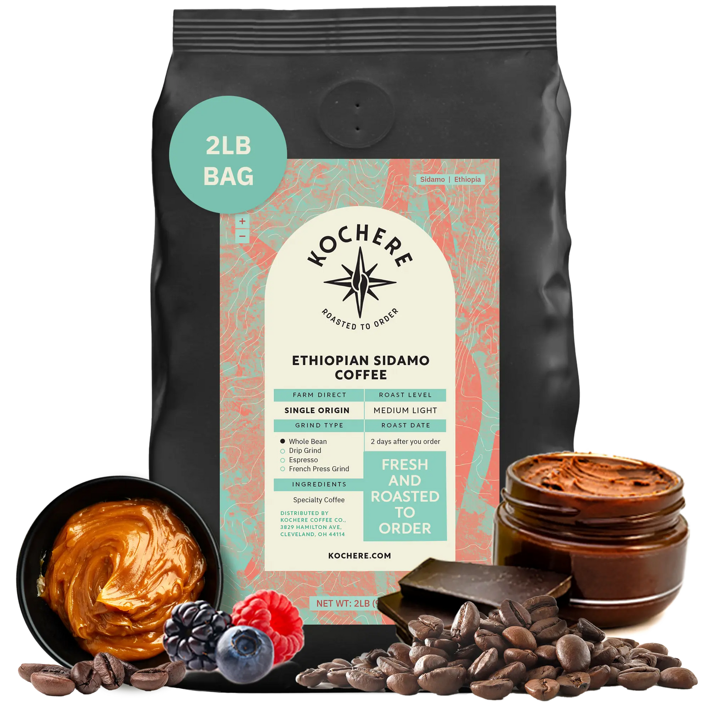 Kochere Coffee Ethiopian Sidamo Natural Medium-Light Roast - Milk Chocolate, Fruity Notes