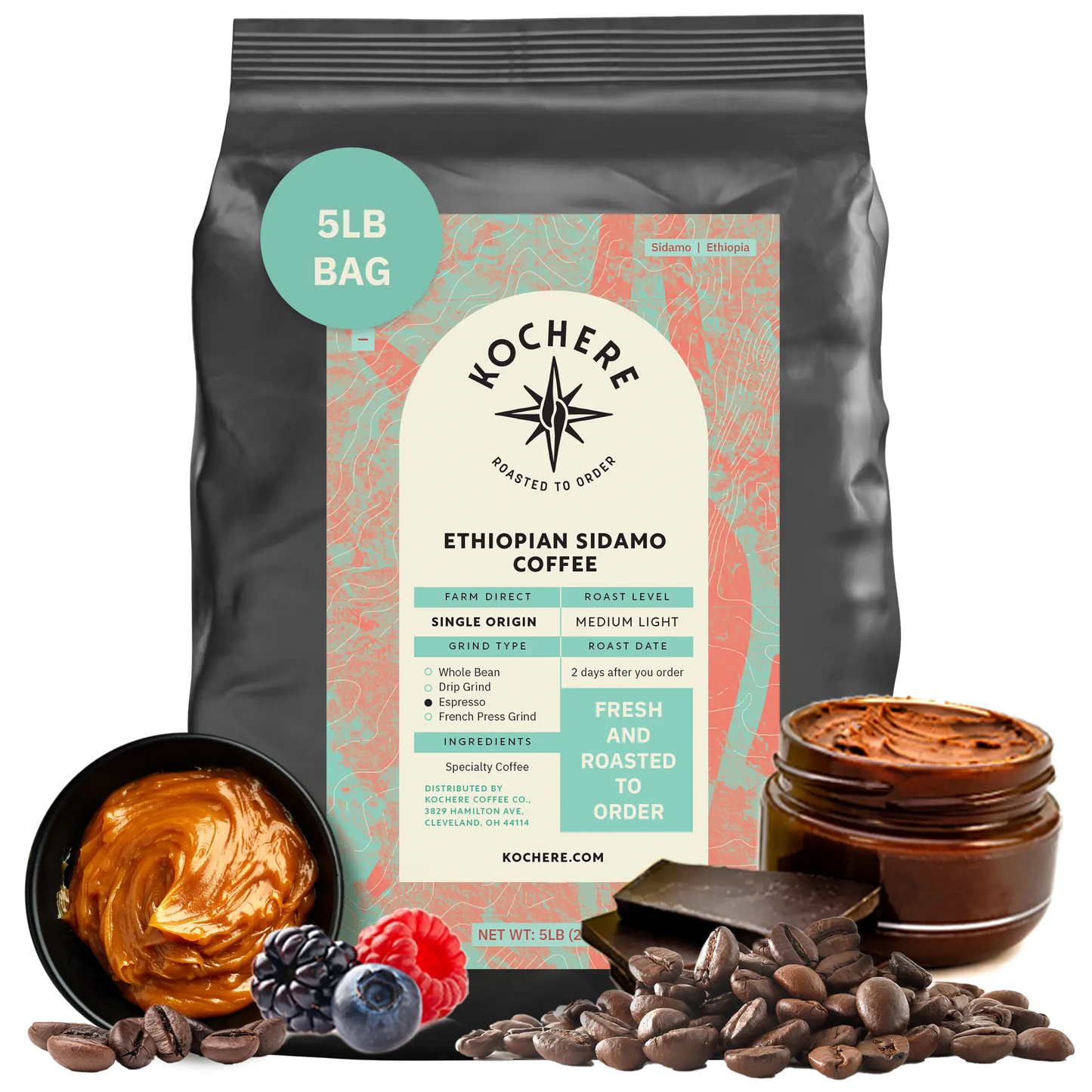 Kochere Coffee Ethiopian Sidamo Natural Medium-Light Roast - Milk Chocolate, Fruity Notes