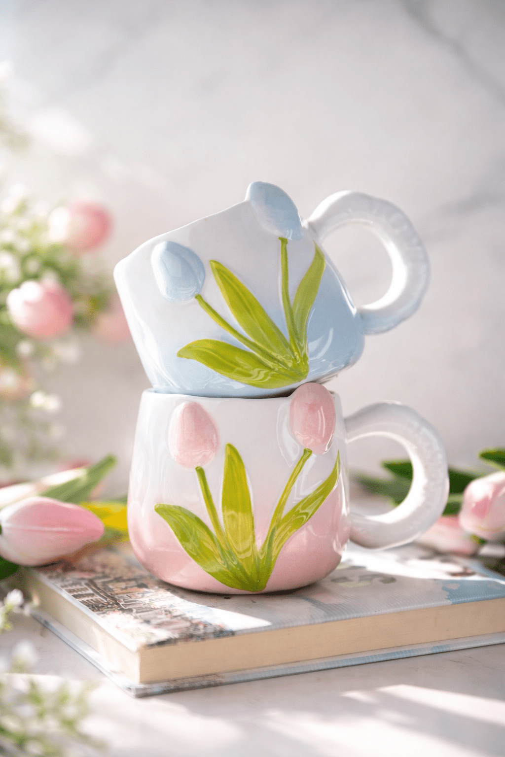 Hand-Painted 3D Tulip Ceramic Coffee Mug (400ml) – Colorful Floral Tea Cup