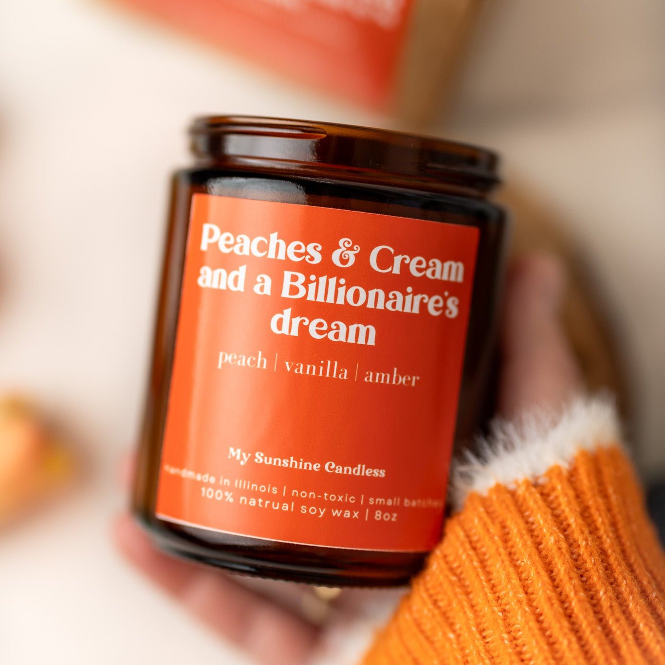 Peaches & Cream Candle – 8 oz Amber Jar Soy Candle – Sweet Fruity Dessert Scent – Cozy Home Fragrance