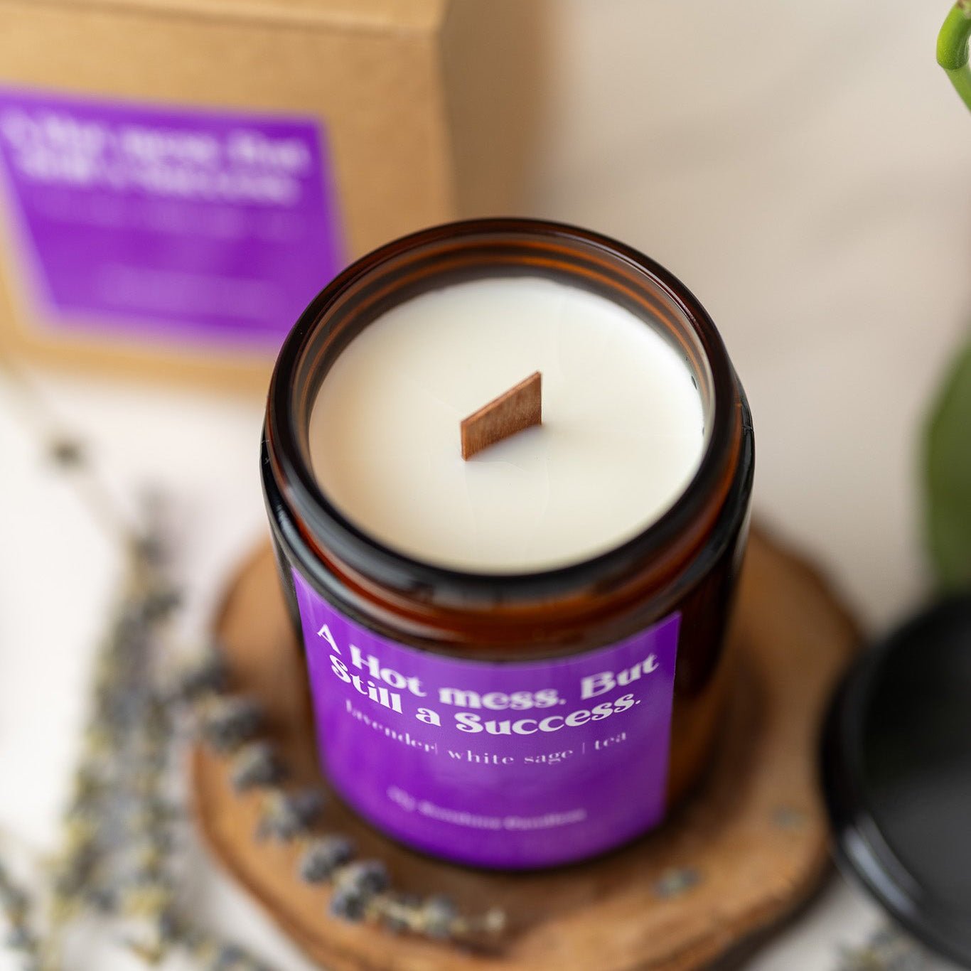 A Hot Mess but Still a Success Candle – 8 oz Amber Jar Soy Candle – Funny Motivational Gift