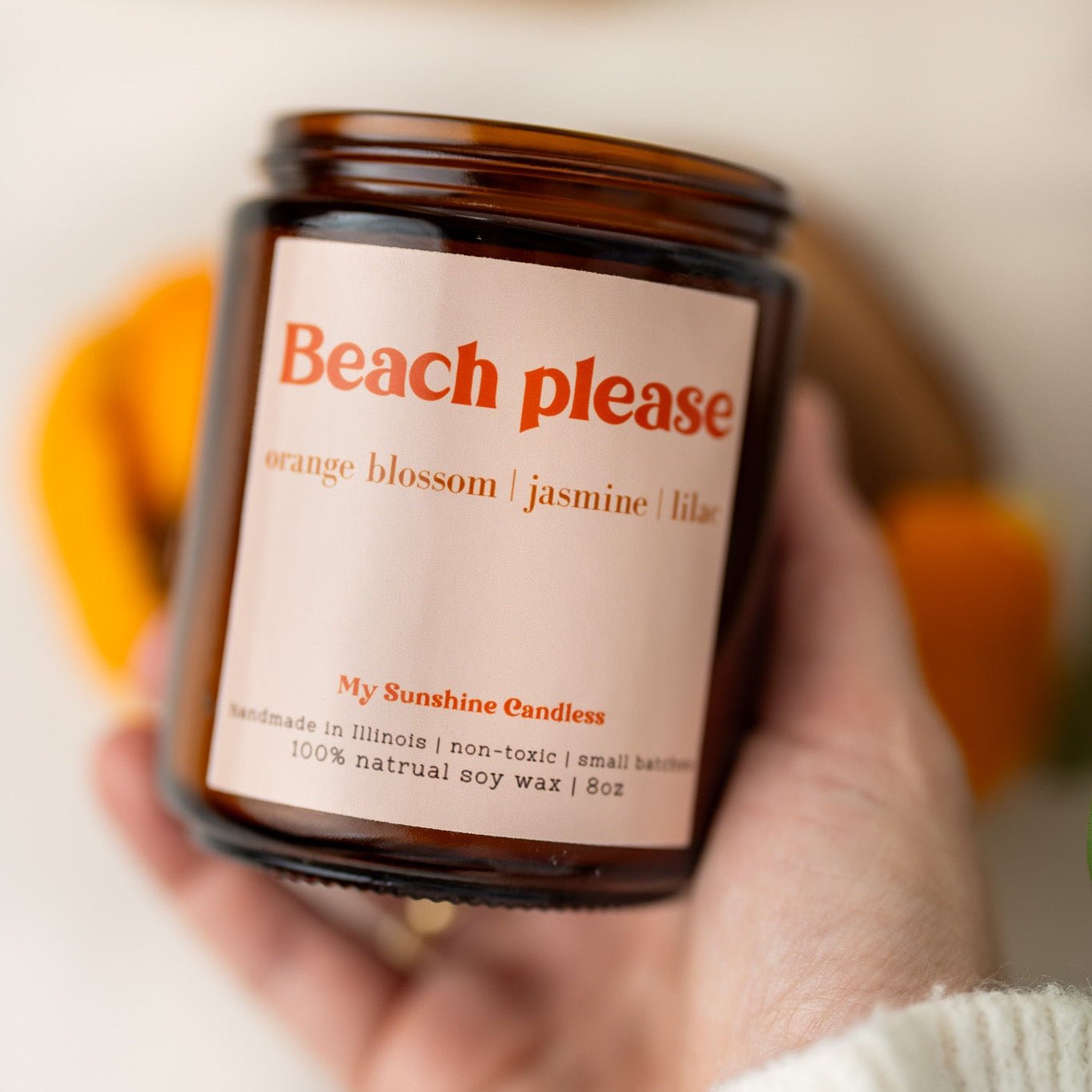 Beach Please Candle – 8 oz Amber Jar Soy Candle – Funny Beach Gift – Coastal Home Fragrance